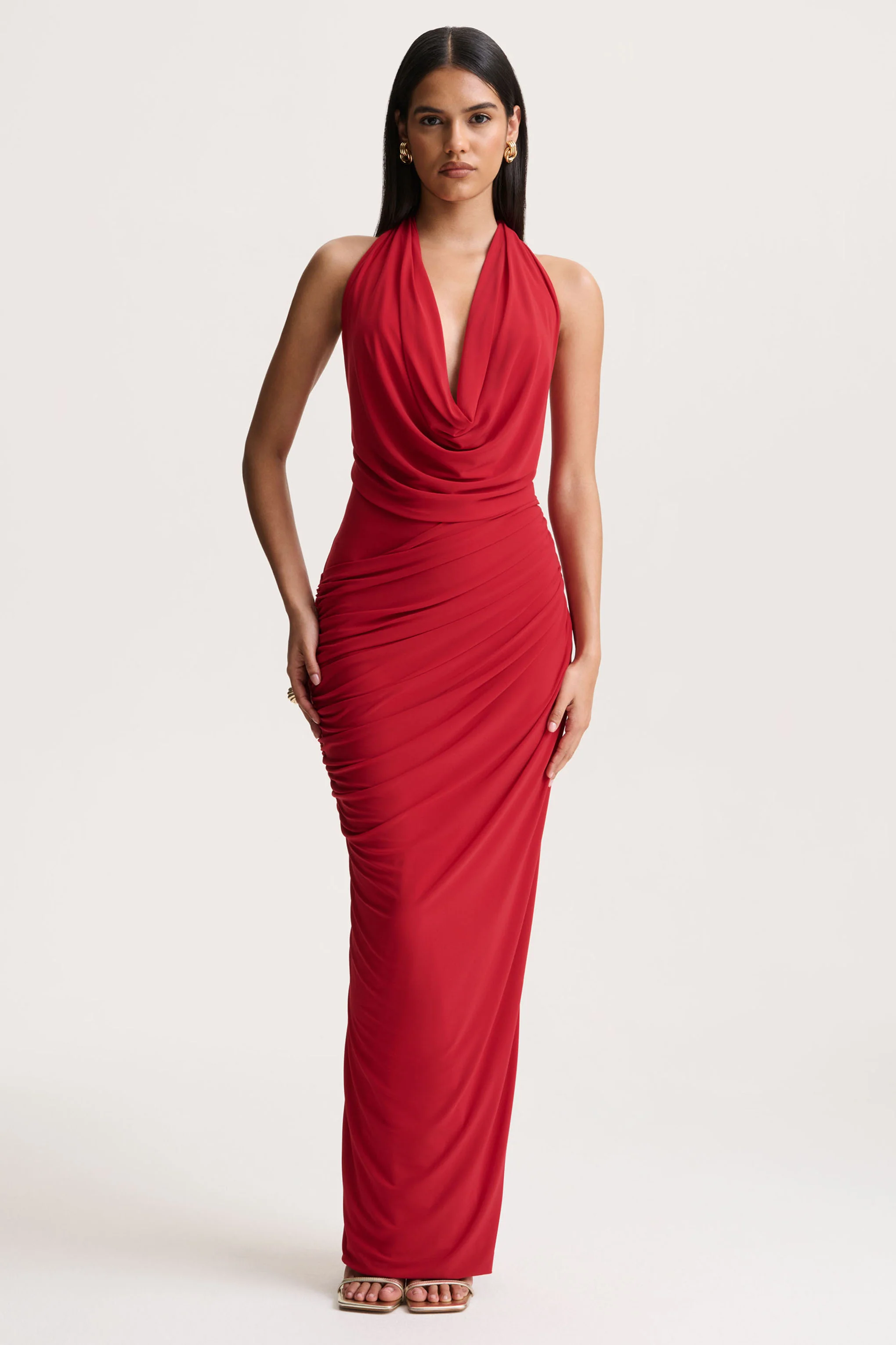 Cairo | Red Cowl-Neck Maxi Dress With Gathered Detailing