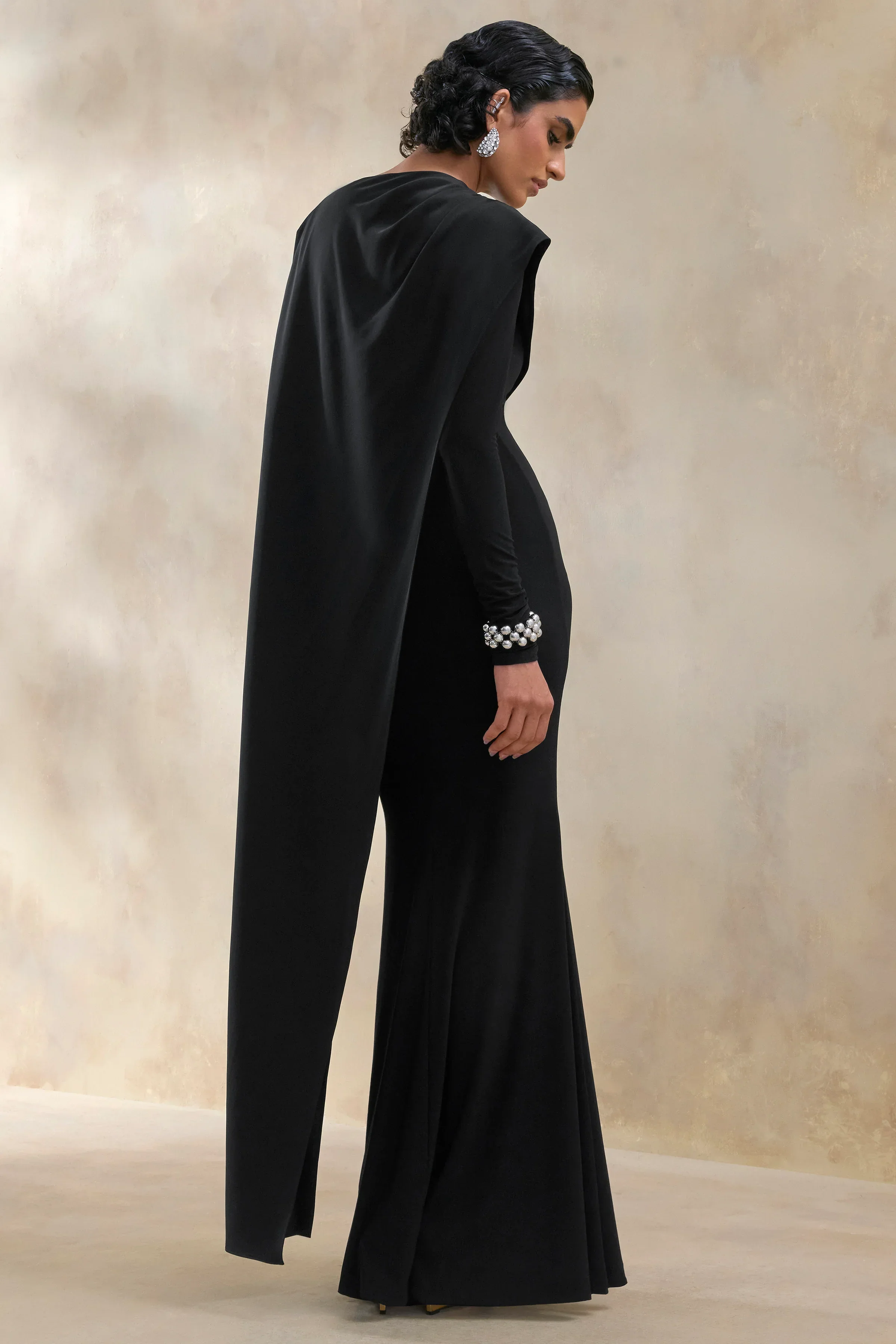 Salenne | Black Round-Neck Maxi Dress With Satin Asymmetric-Cape
