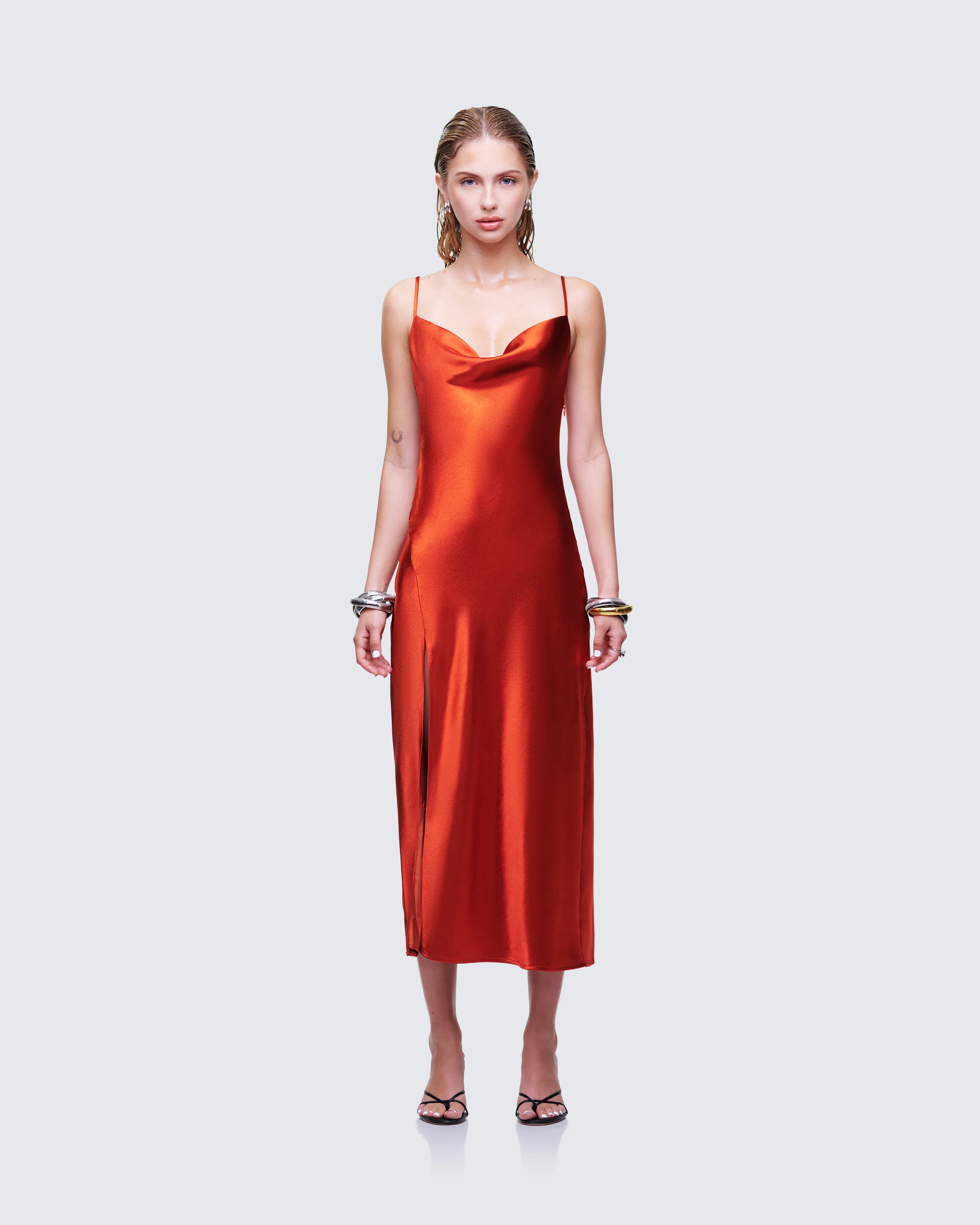 El Orange Satin Midi Dress