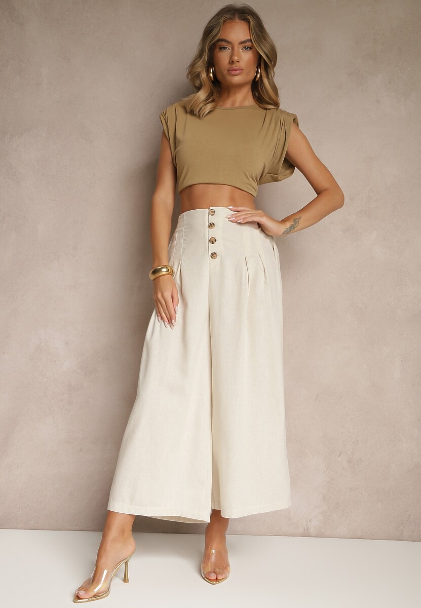 Czarne Spodnie Culottes High Waist z Bawełny Zdobione Guzikami Izuma