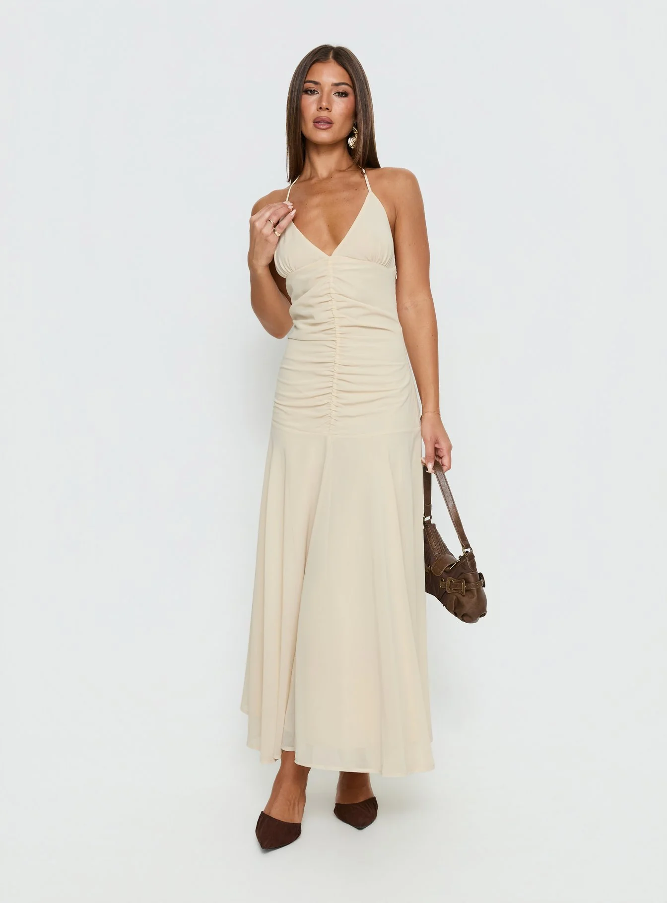 Carlisla Ruched Halter Maxi Dress Yellow