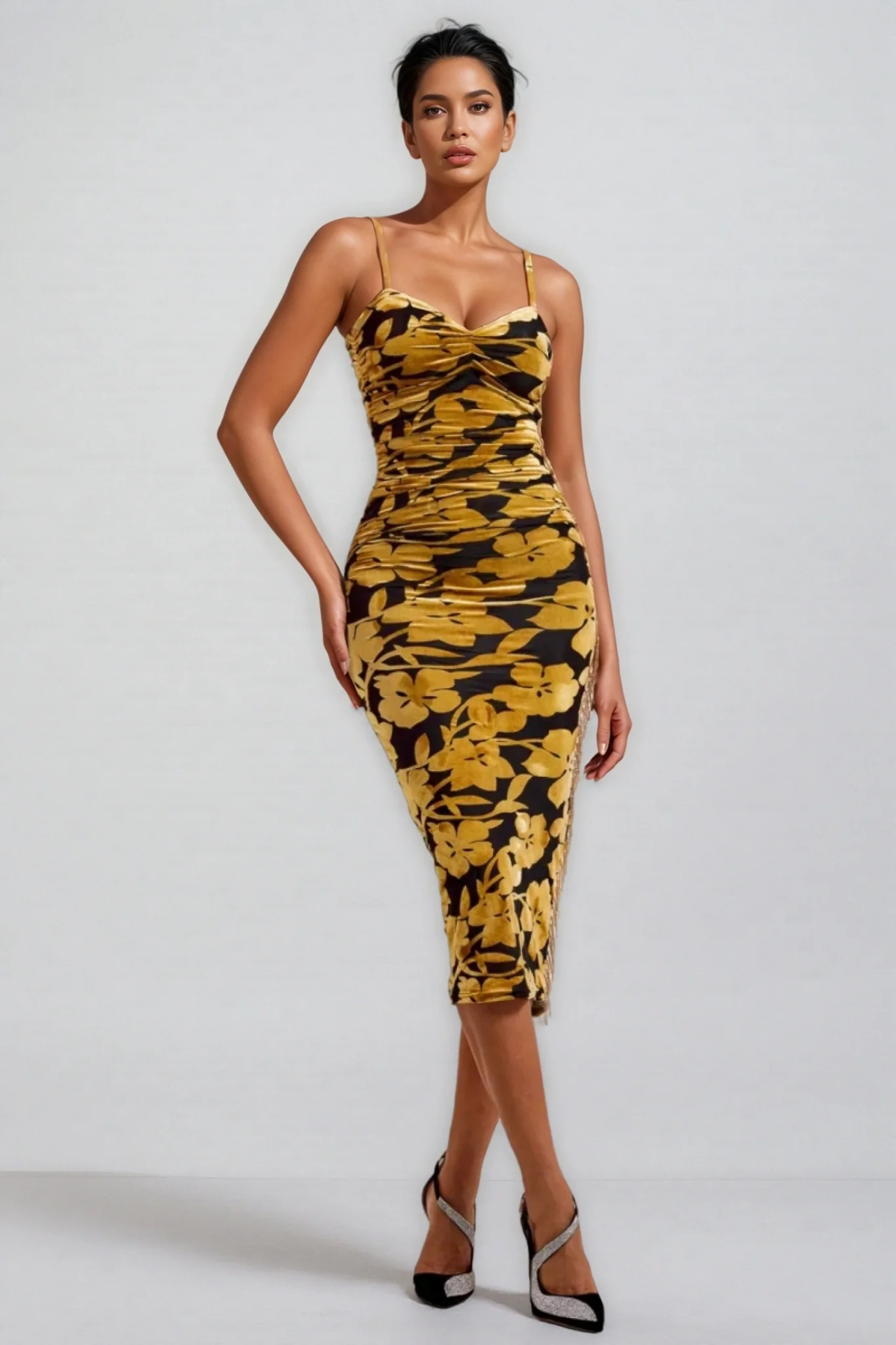 Seraphina Velvet Floral Ruched Slip Midi Dress