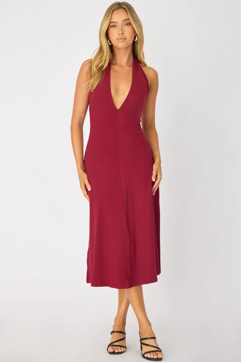Red Midi Dress Deep V-neck