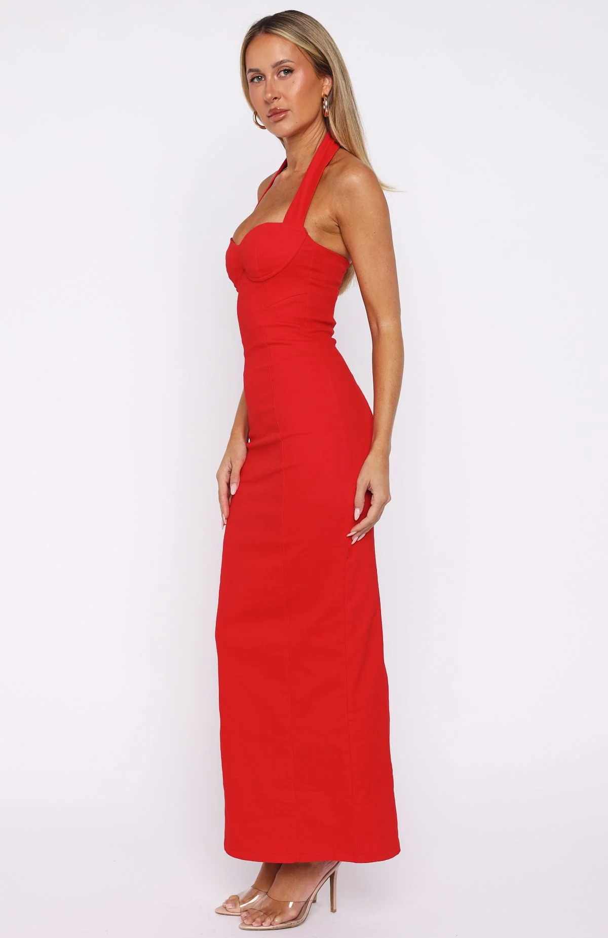 Champagne High Halter Maxi Dress Red