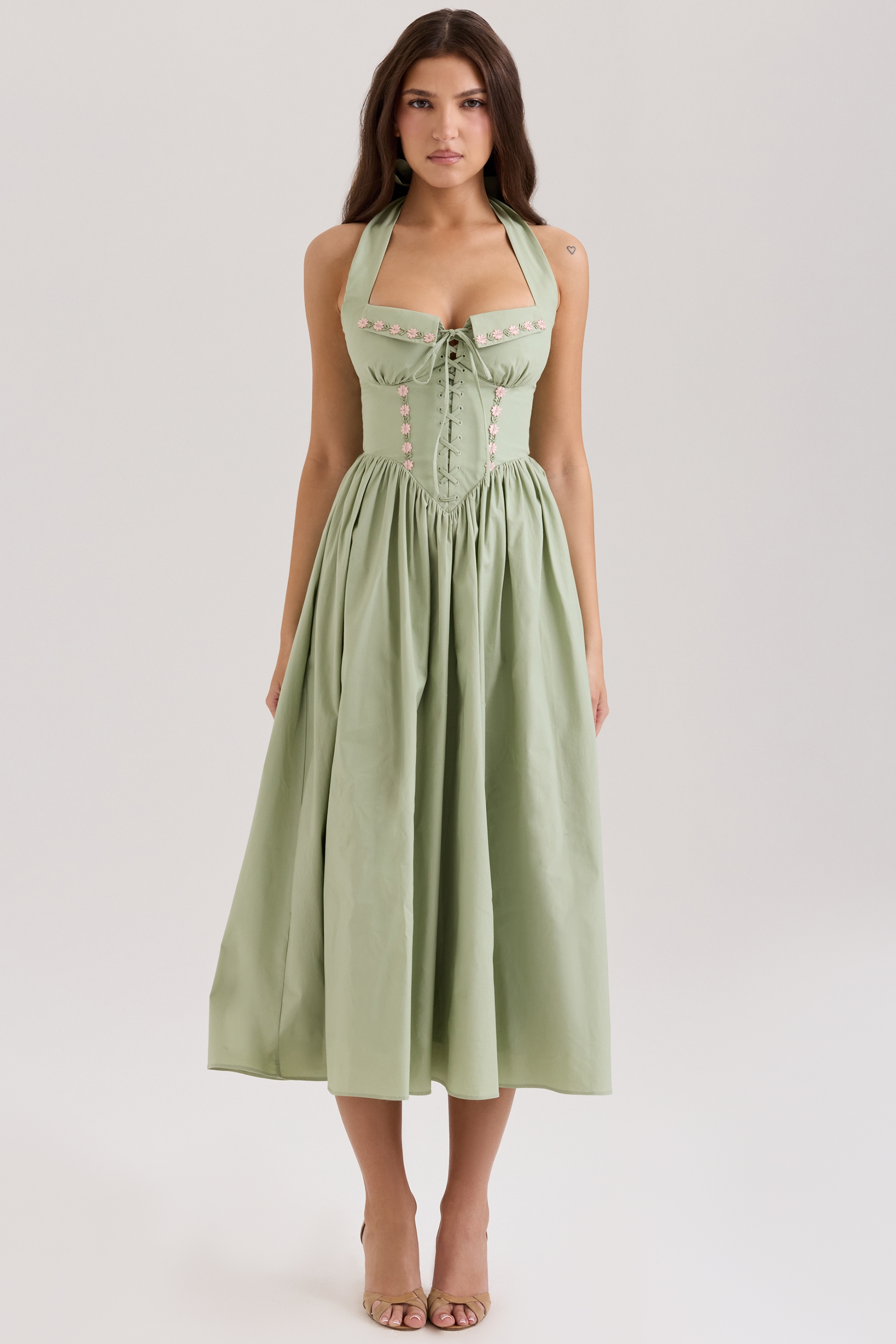 sage stretch cotton halter neck midi dress