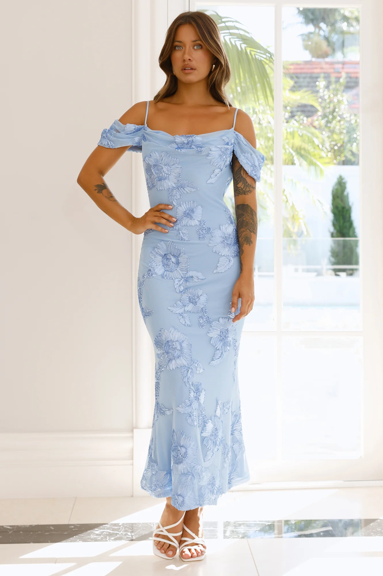 You’re Magic Off Shoulder Mesh Maxi Dress Blue