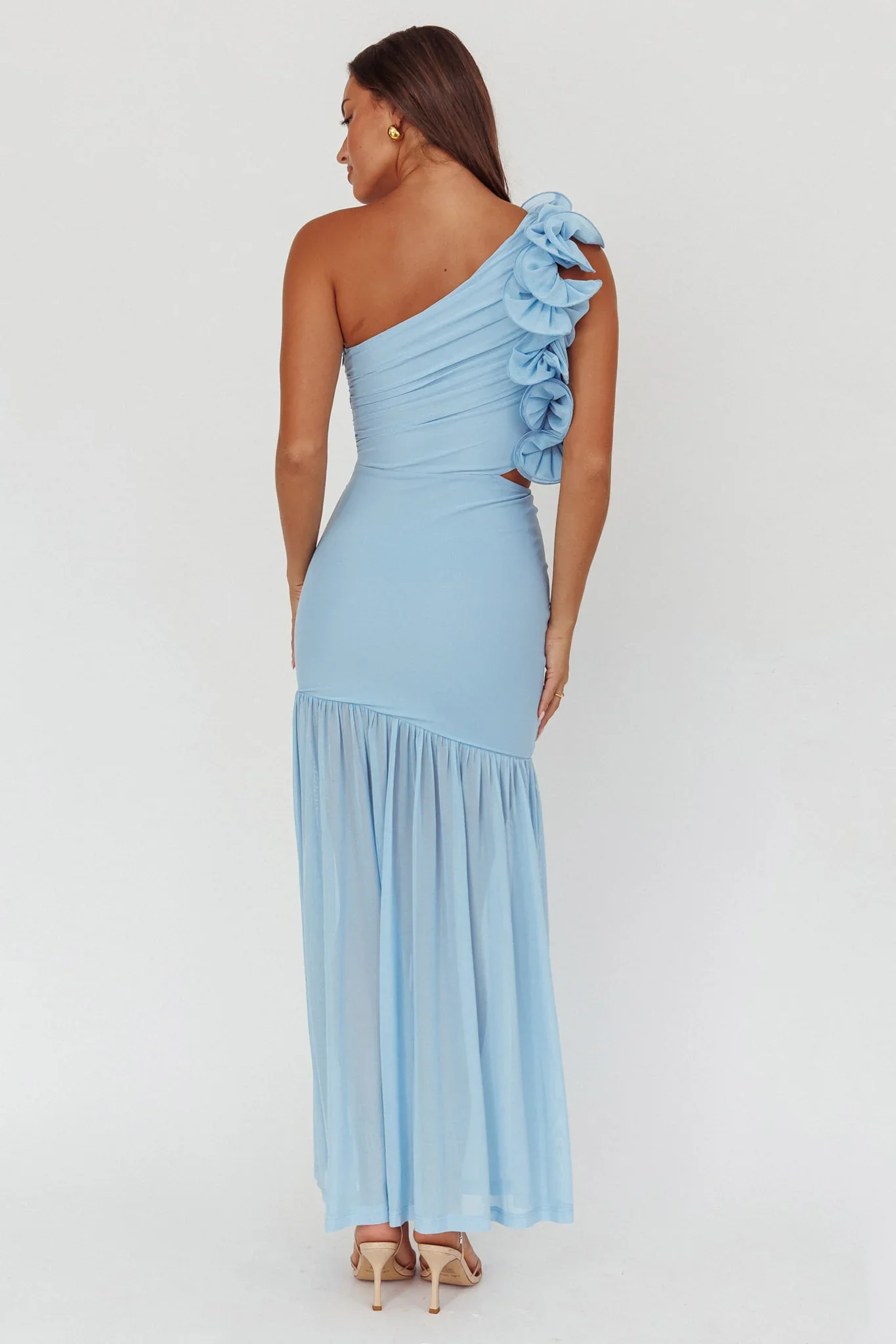 Deanna One-Shoulder Sheer Hem Maxi Dress Blue