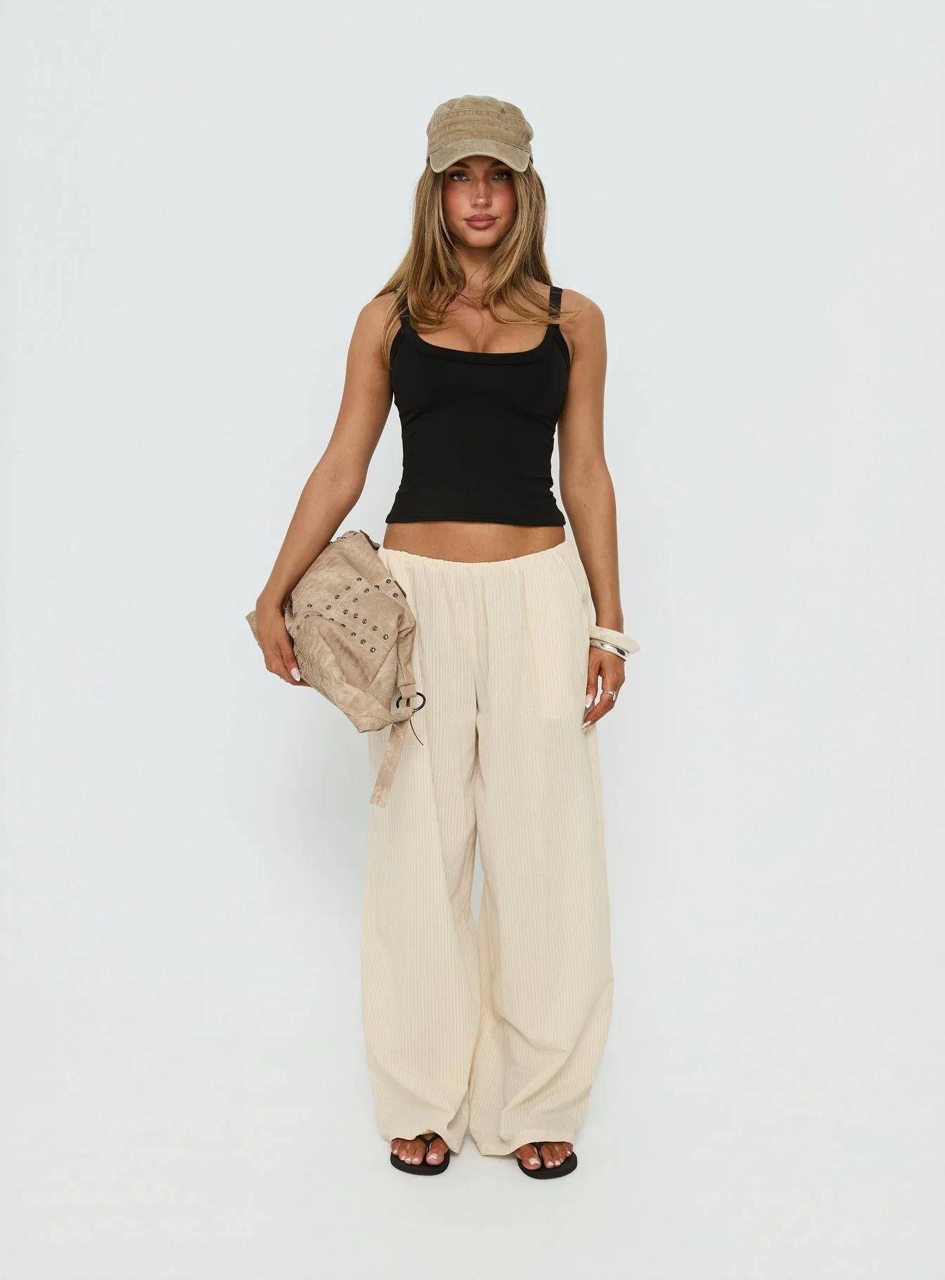 Lunea Concealed Waistband Pants Beige Stripe