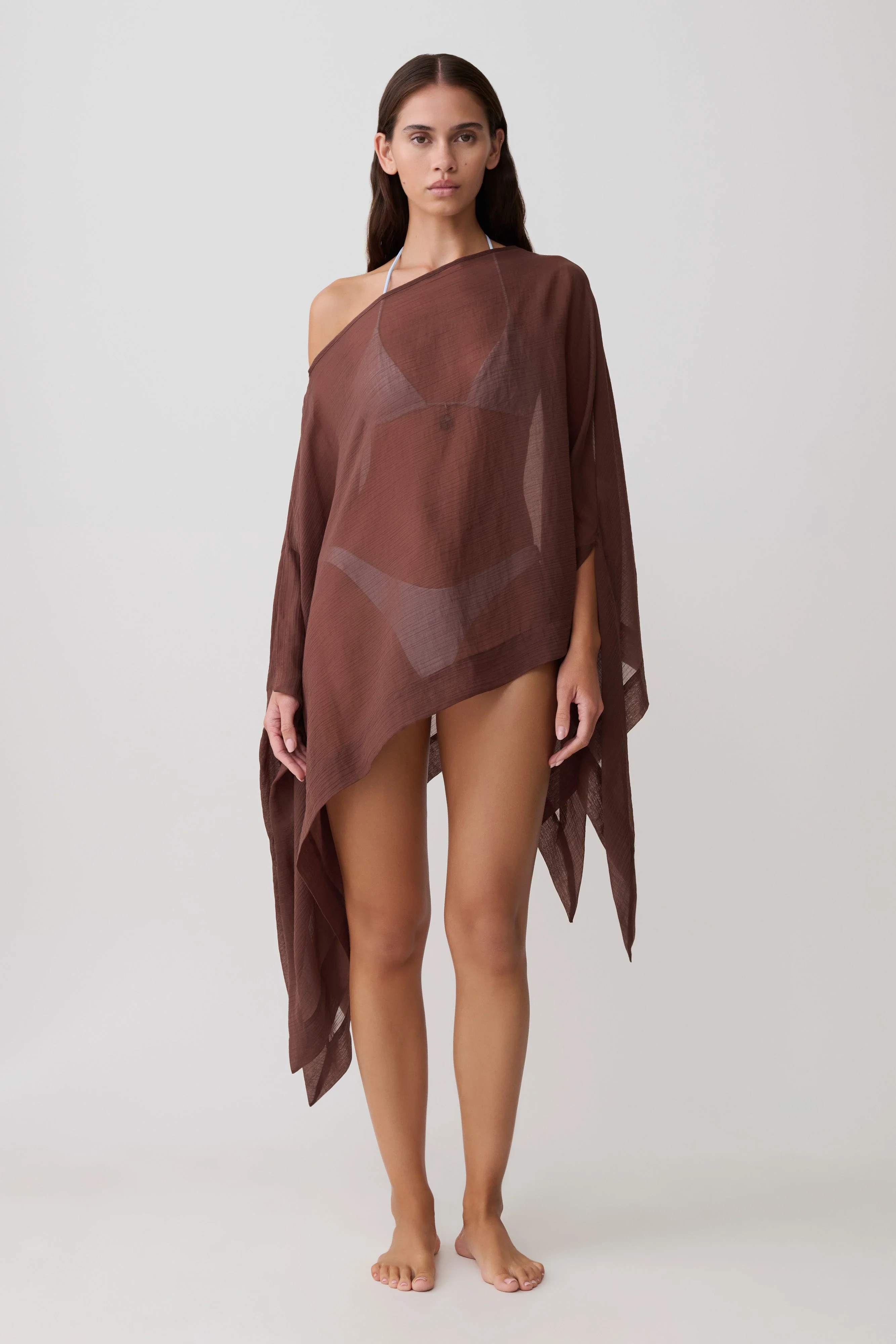 Leilani Sheer Draped Asymmetric Top - Chocolate