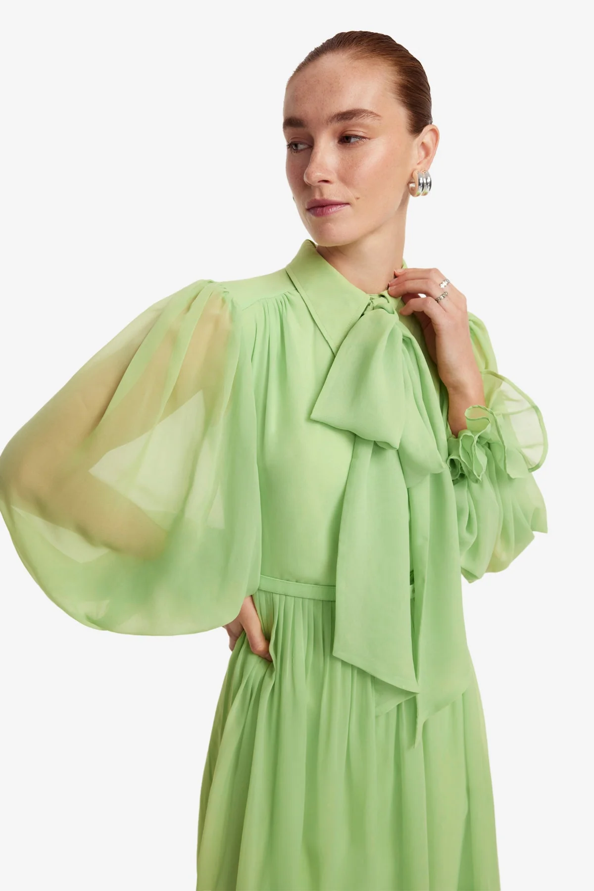 Cassie Tie Neck Midi Dress - Juniper Green