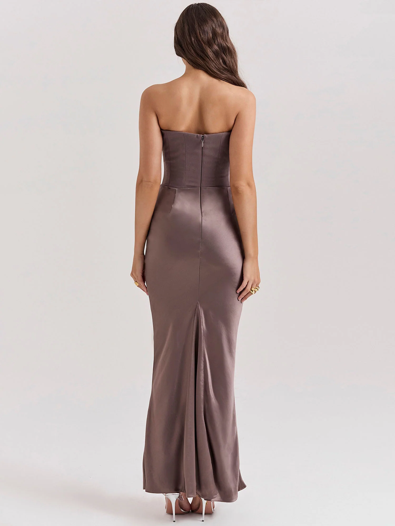 Brown Strapless Draped Bodycon Maxi Dress