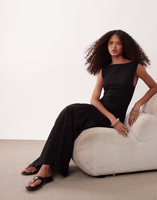 slash neck dropped waist hybrid midaxi dress in black