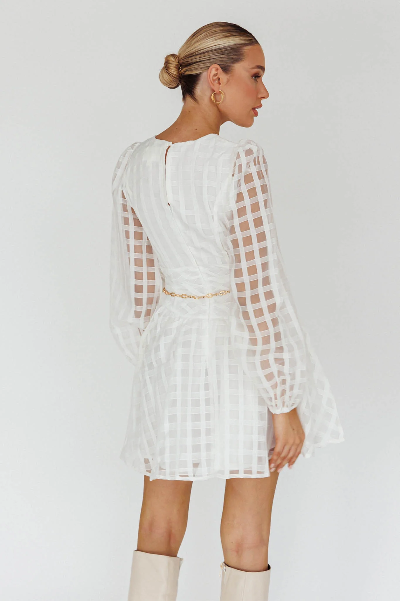 Tatiana Long Sleeve Plaid Mini Dress White