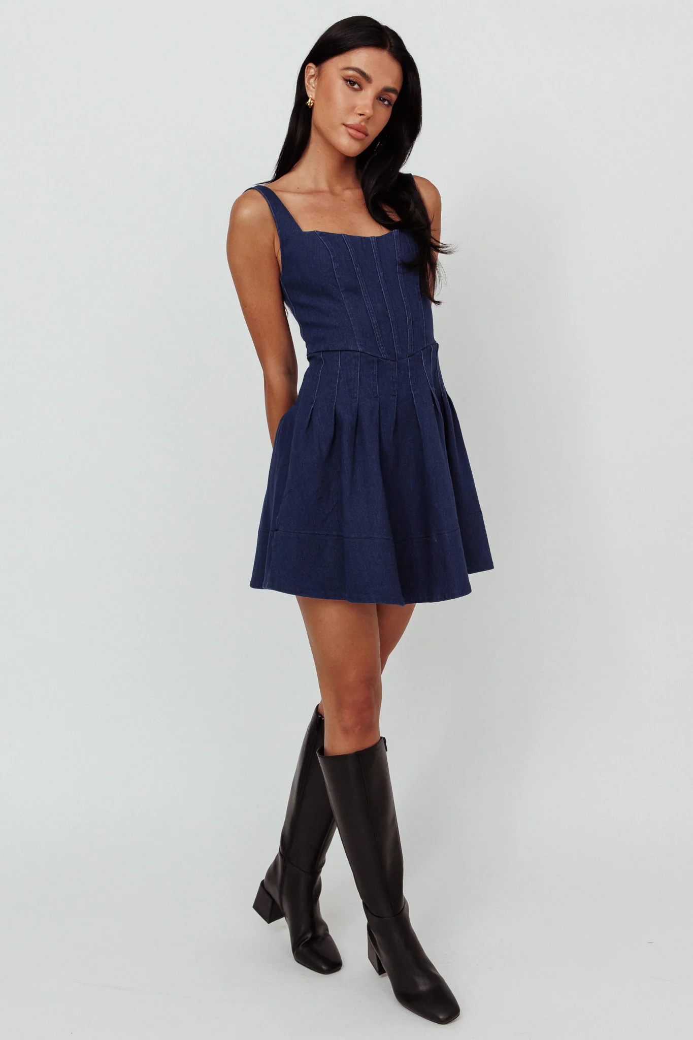 Talisa Pintuck Pleat Waist Mini Dress Dark Blue