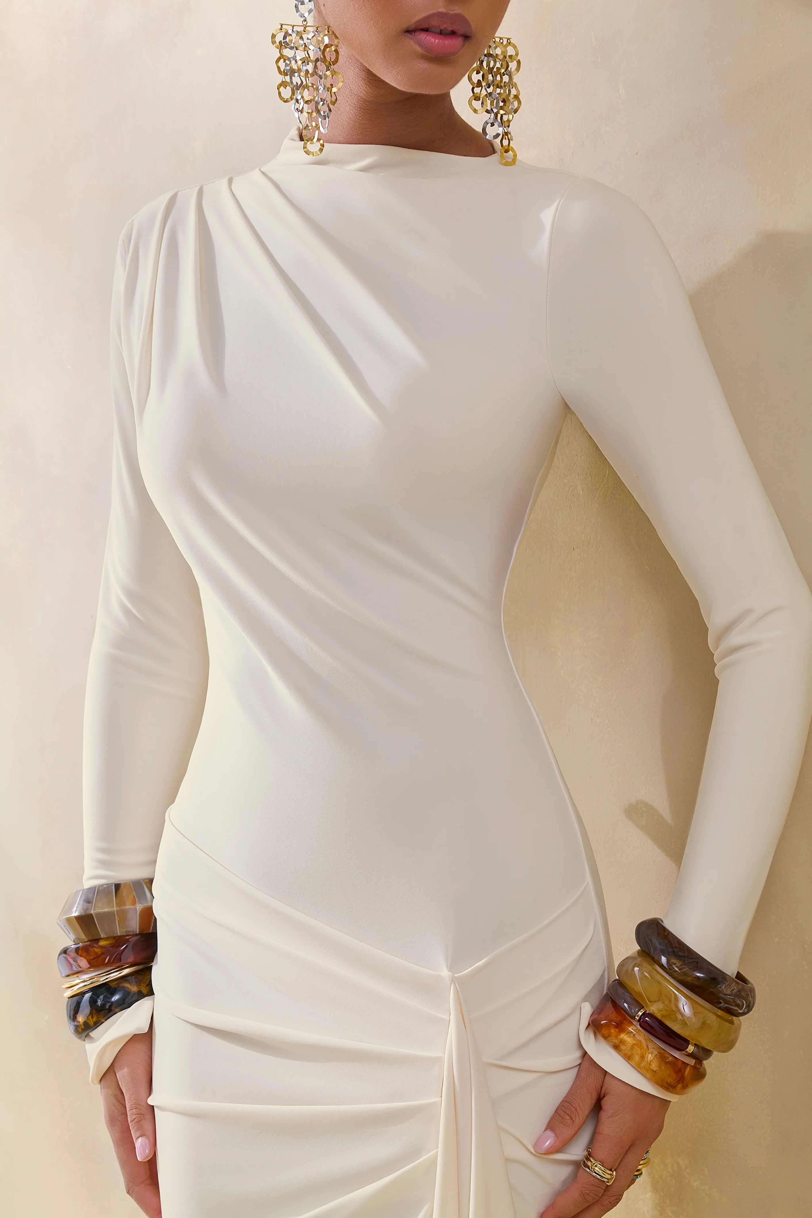 Karessa | Cream High-Neck Maxi Dress With Gathered Detailing And Front-High Split