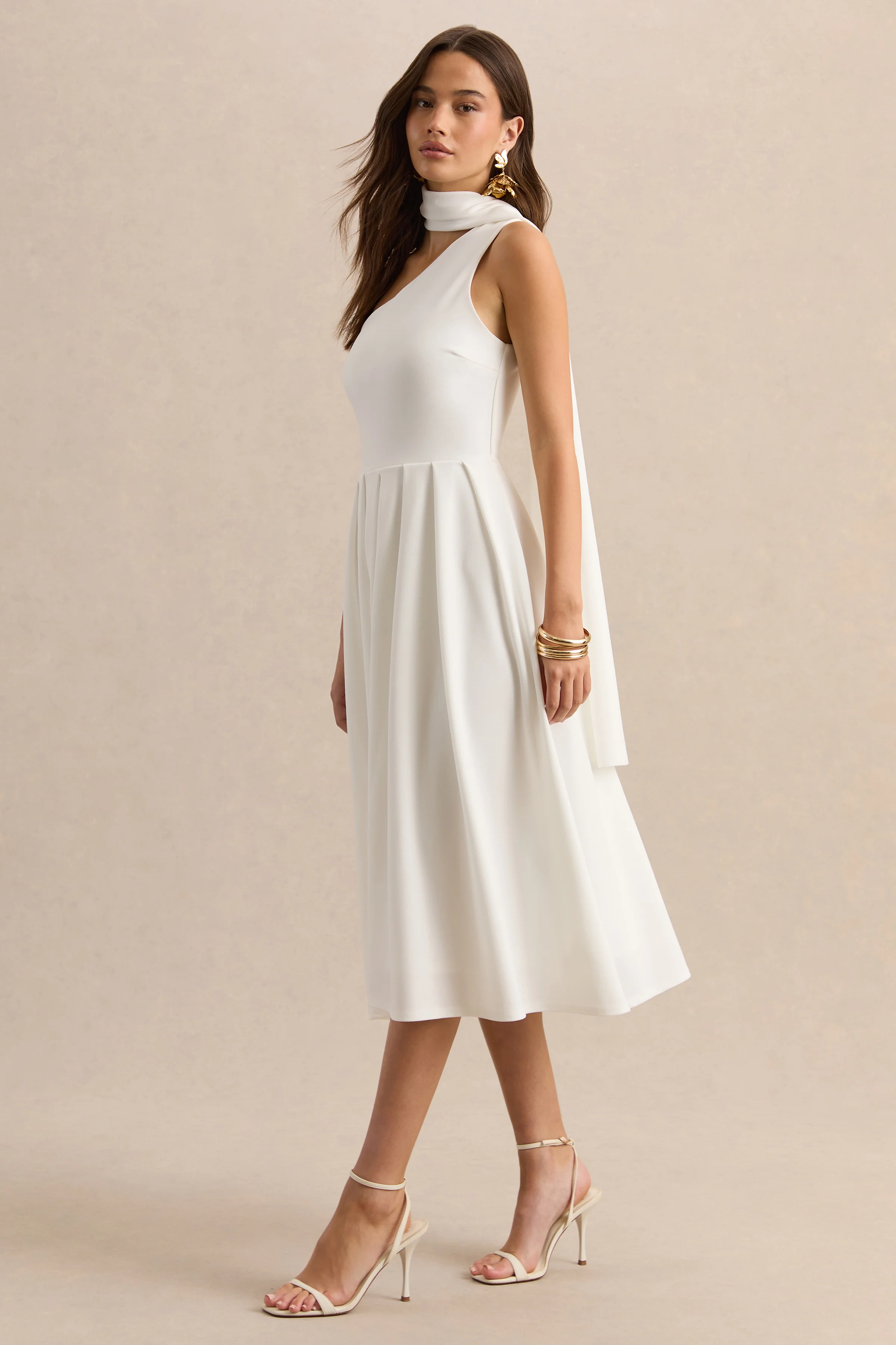 Odette | White Asymmetric-Neck Midi Dress With Scarf