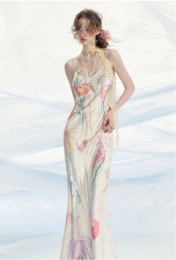Botanical Print Bias-Cut Camisole Long Dress
