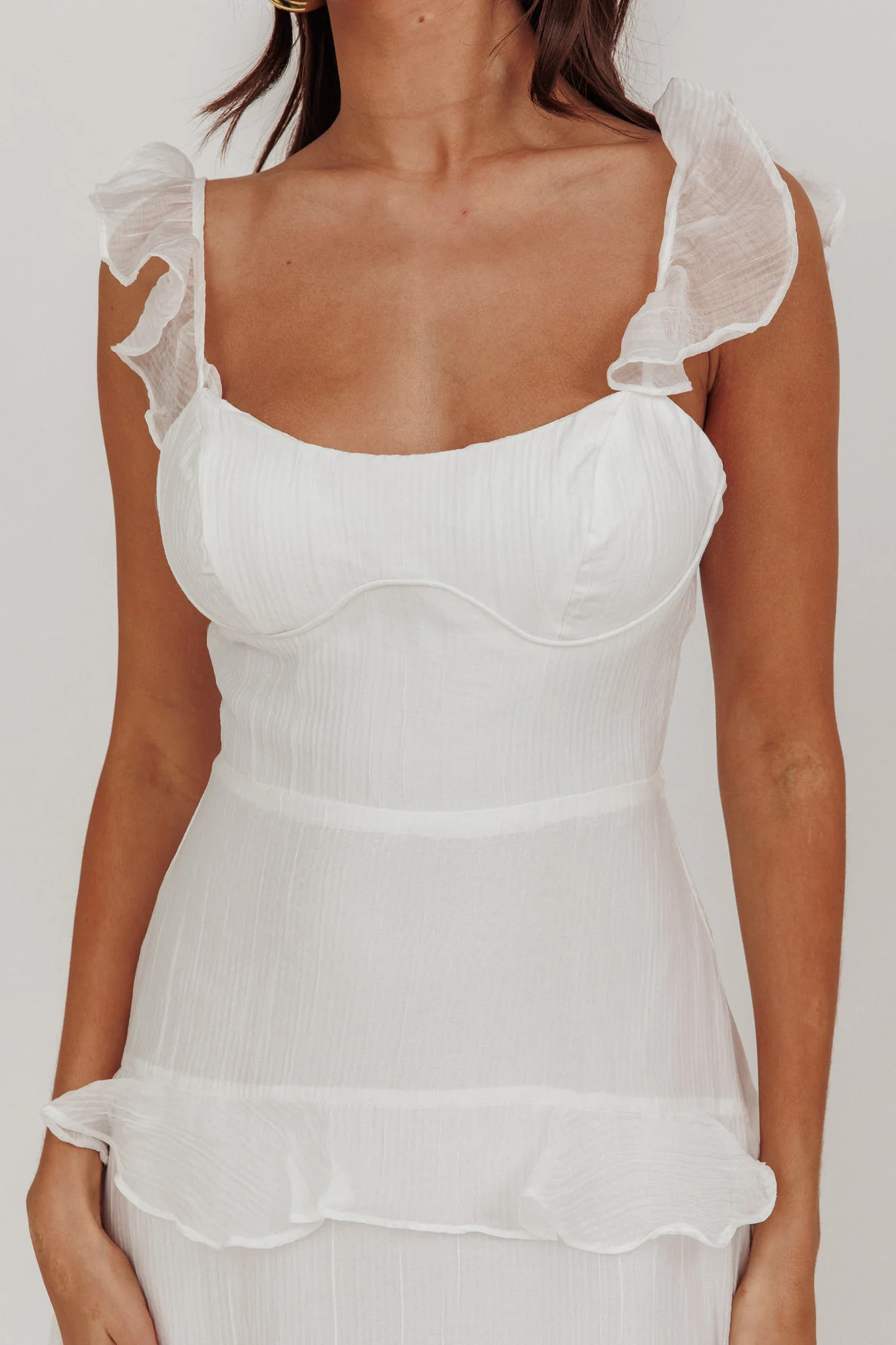 Moonlit Moment Ruffle Trim Lace-Up Back Maxi Dress White - luluinthesky