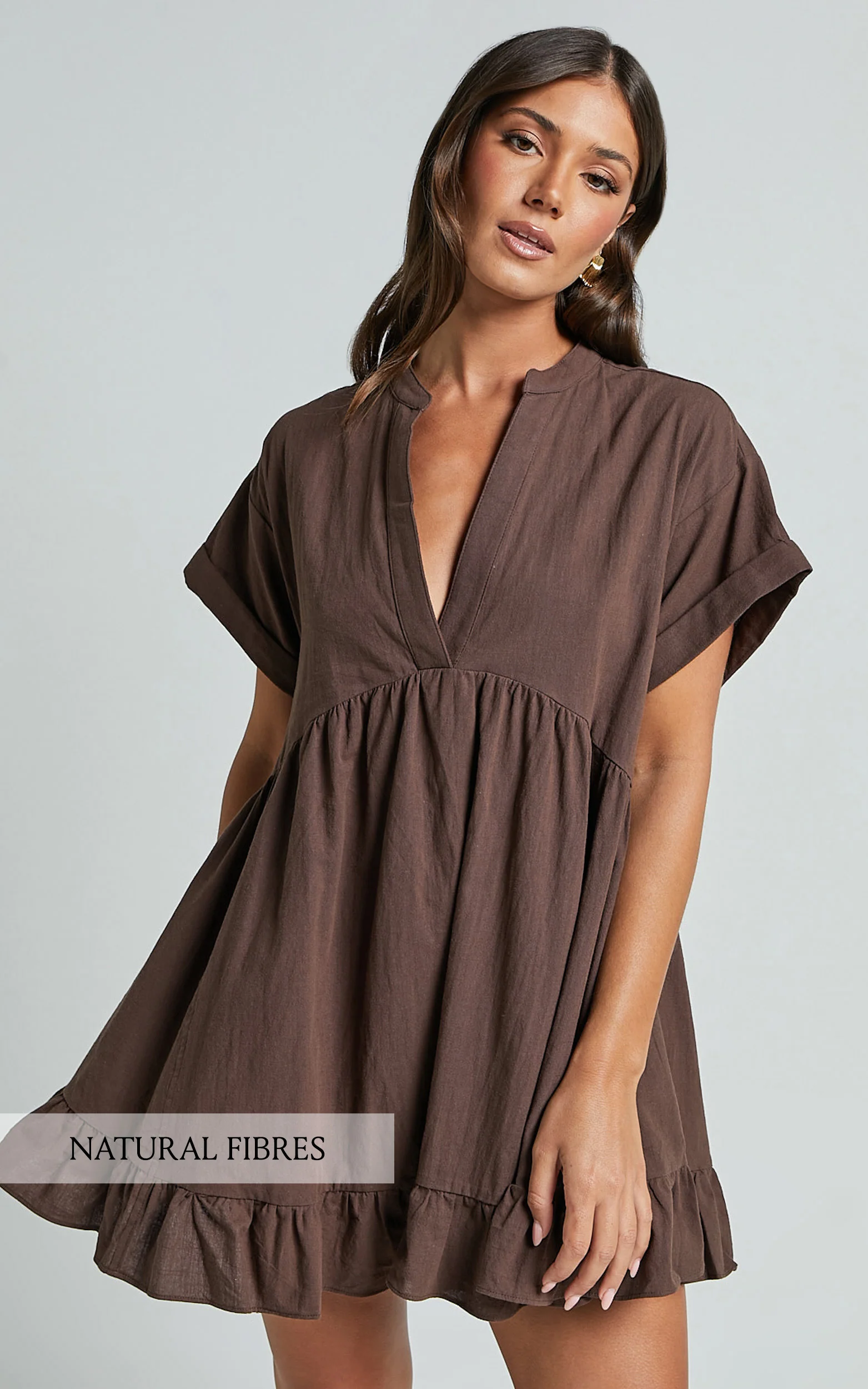 Calissa Mini Dress - Frill Hem Smock Dress in Chocolate