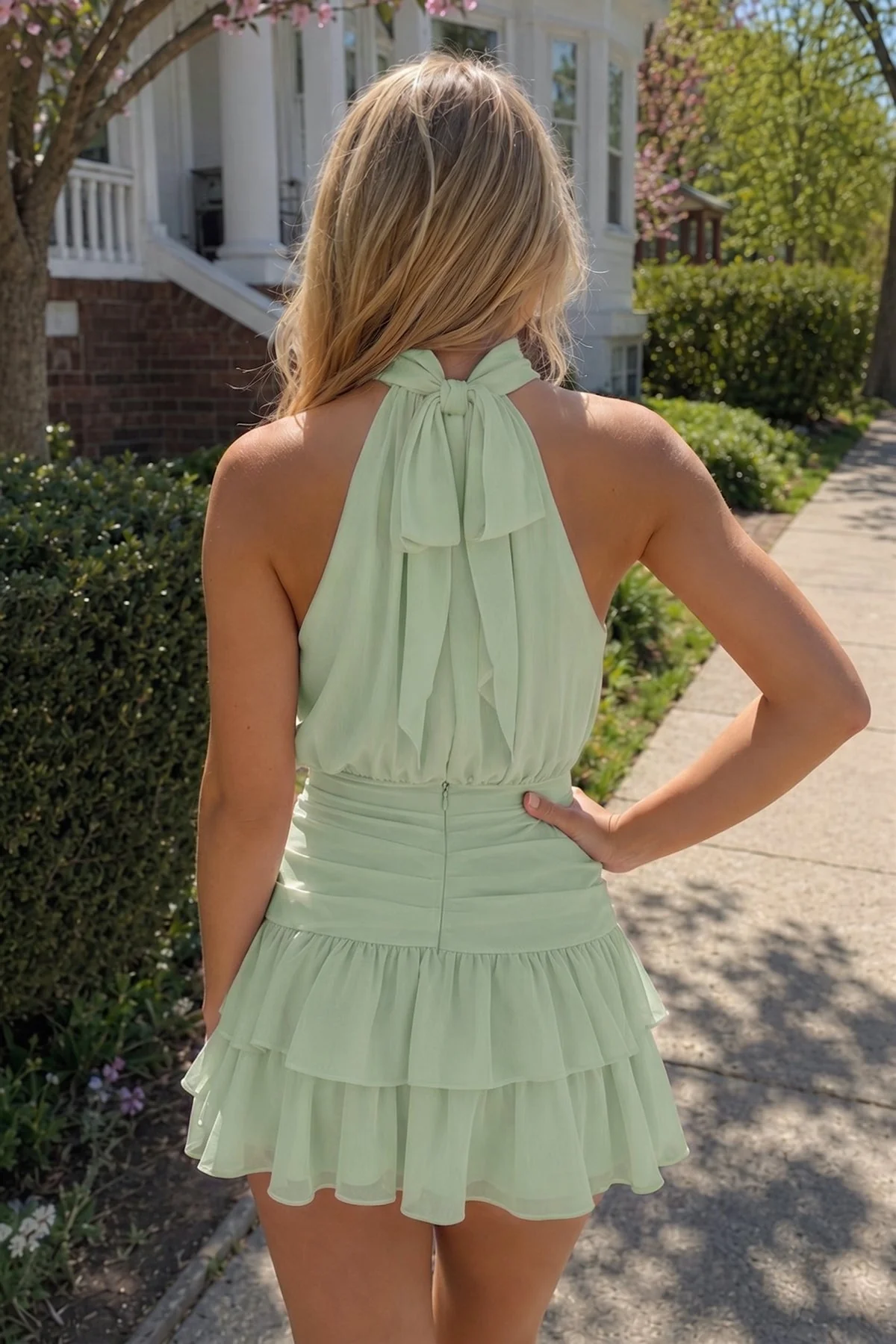 Candy Pink Halter Chiffon Tiered Ruffled A-Line Homecoming Dress