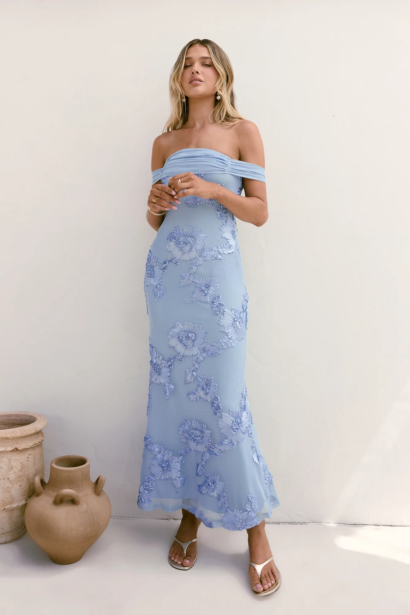 Day After Day Off Shoulder Maxi Dress Blue - luluinthesky
