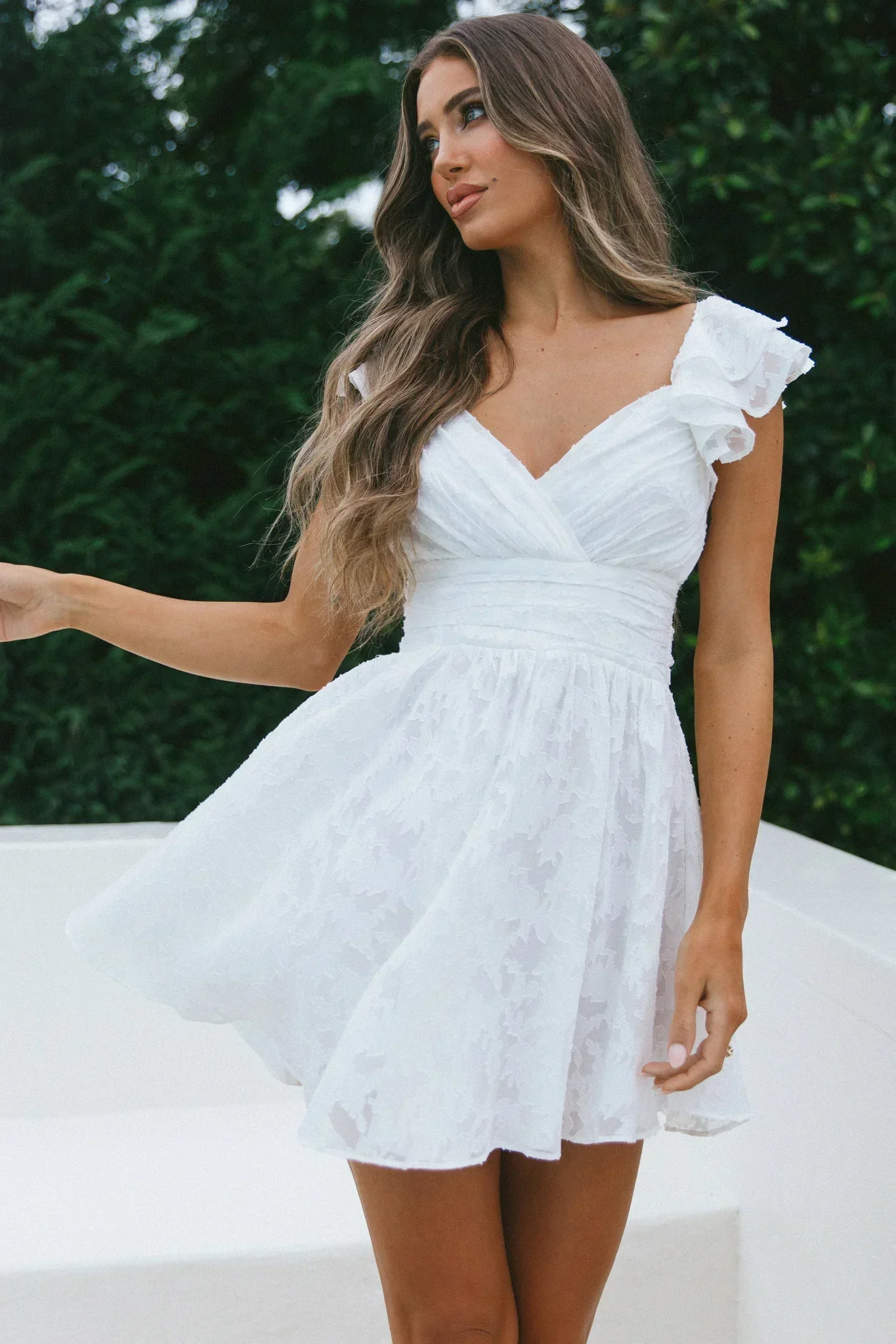 Lola Ruffle Shoulder Ruched Dress Textured White