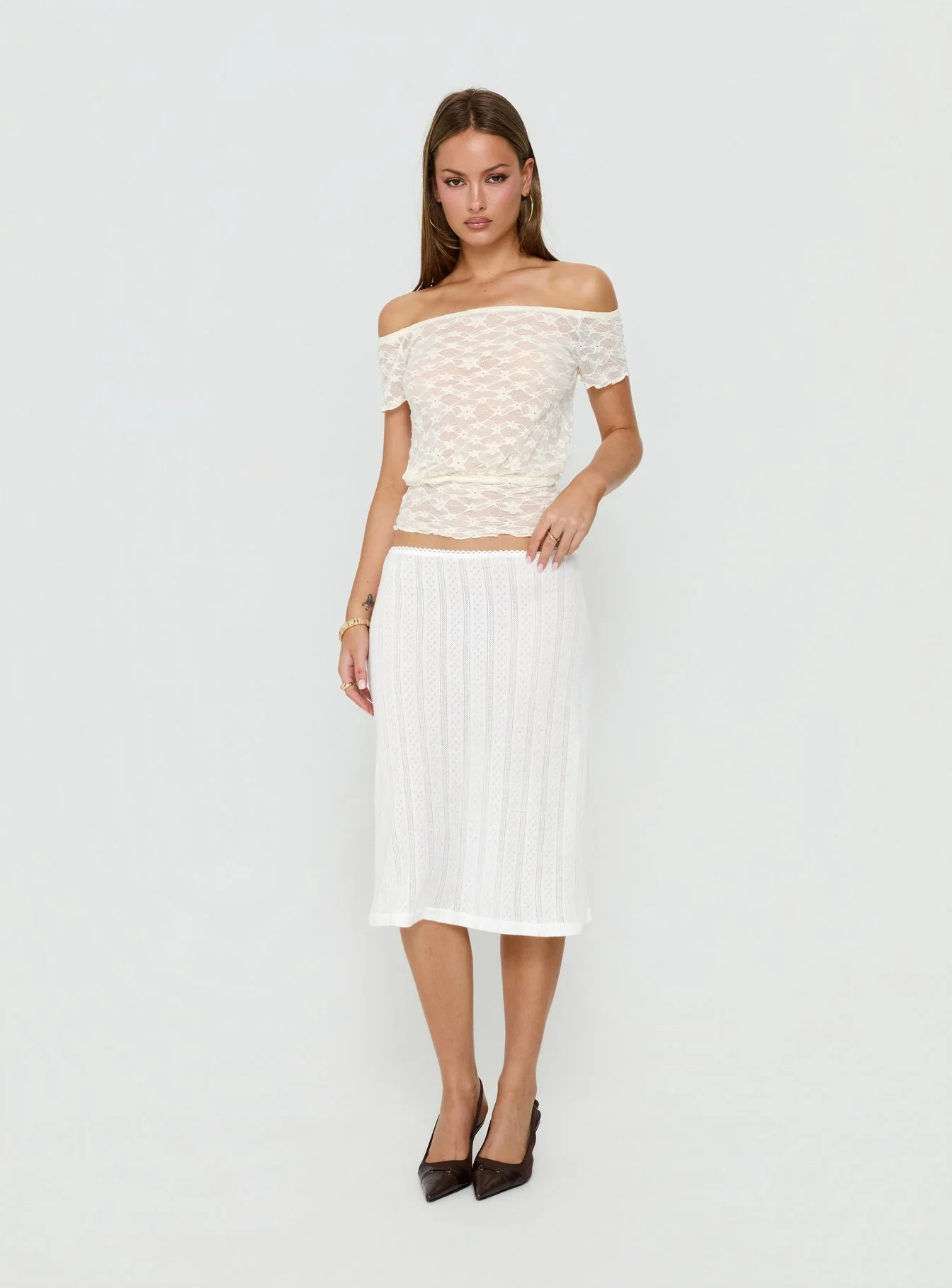 Coralyne Pointelle Midi Skirt White