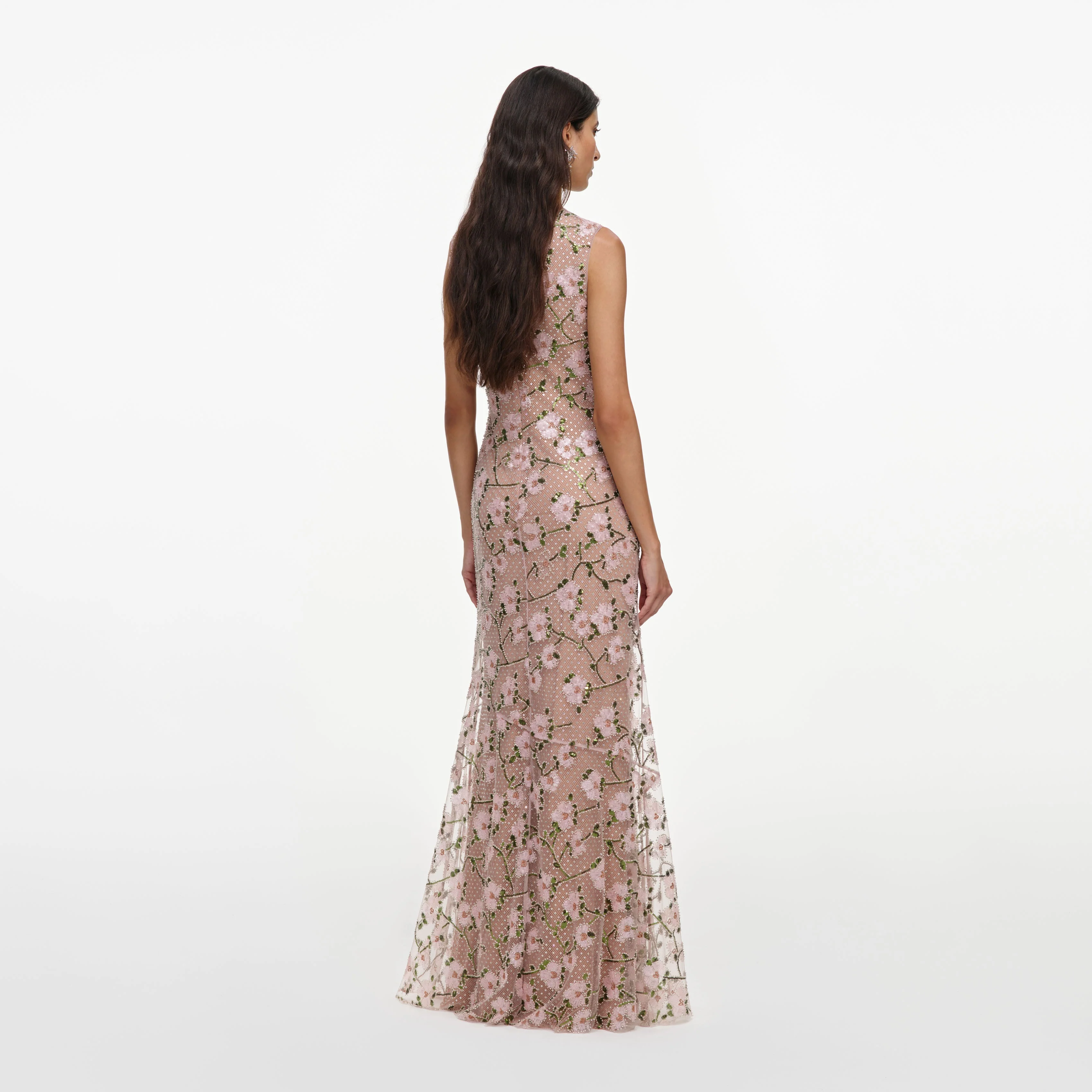 Pink Rhinestone Sequin Mesh Maxi Dress