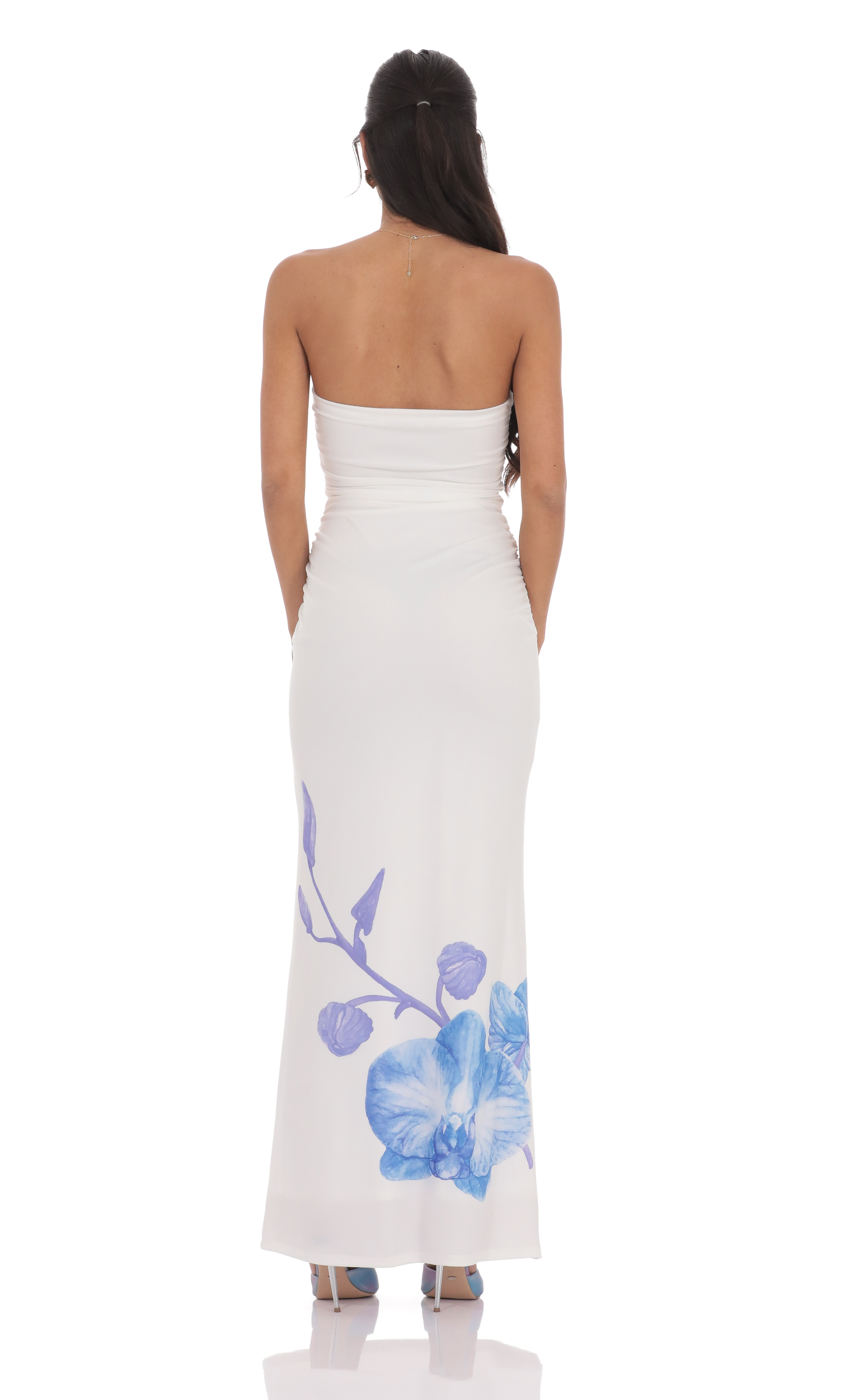 Strapless Floral Print Maxi Dress in White - luluinthesky