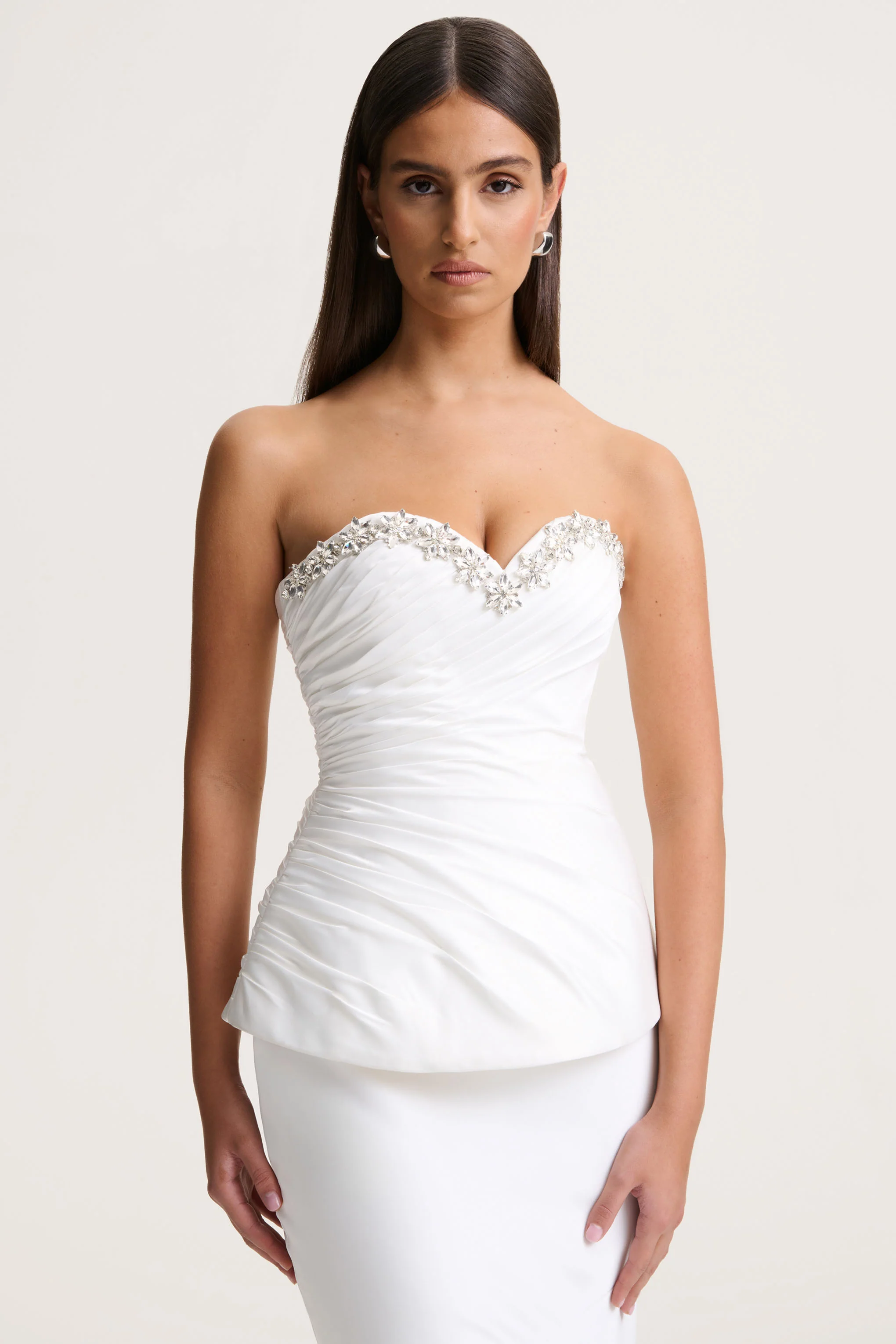 Ambria | White Satin Hand-Embellished Sweetheart-Neck Corset Top