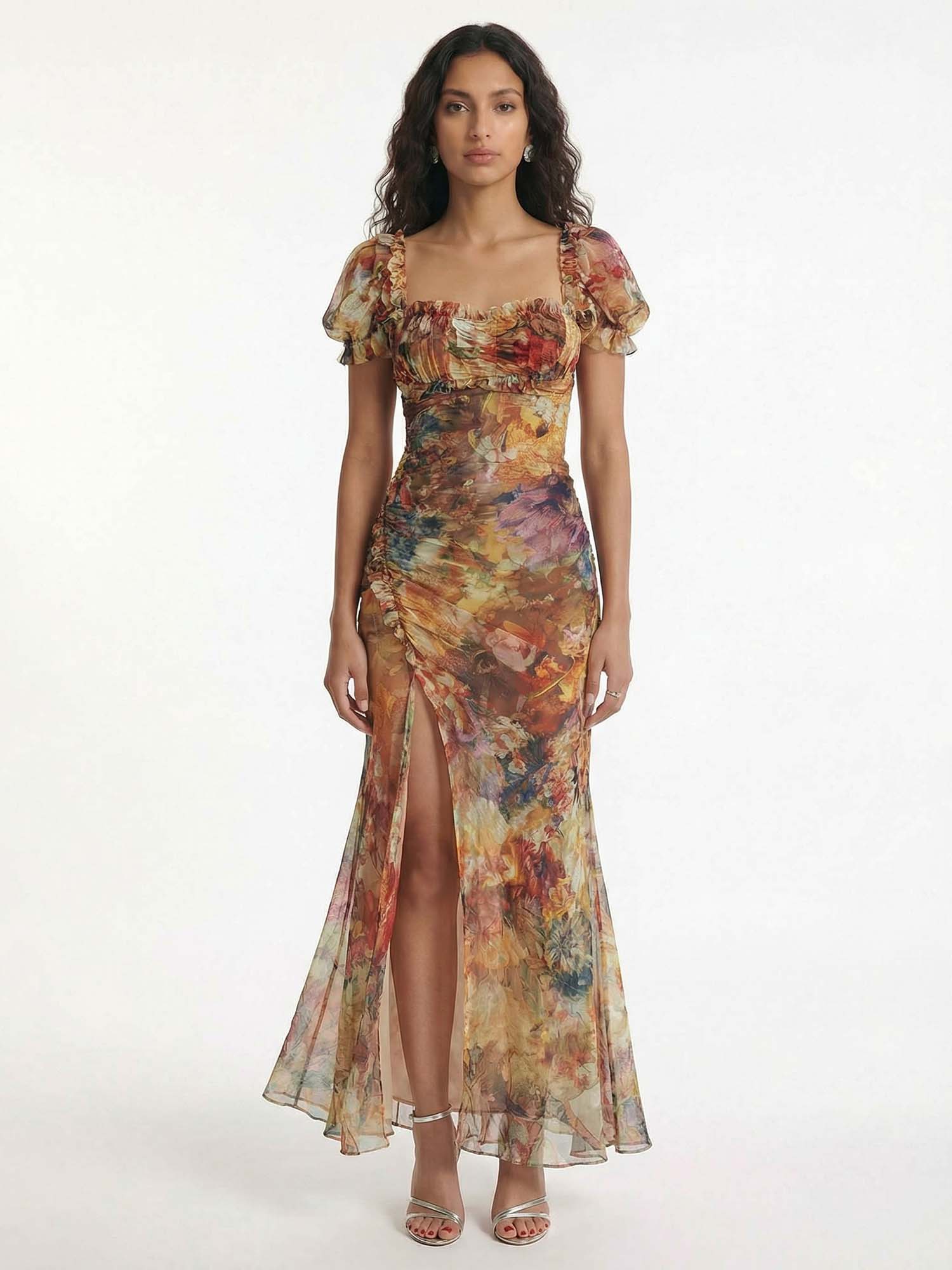 Golden Floral Whisper Maxi Dress