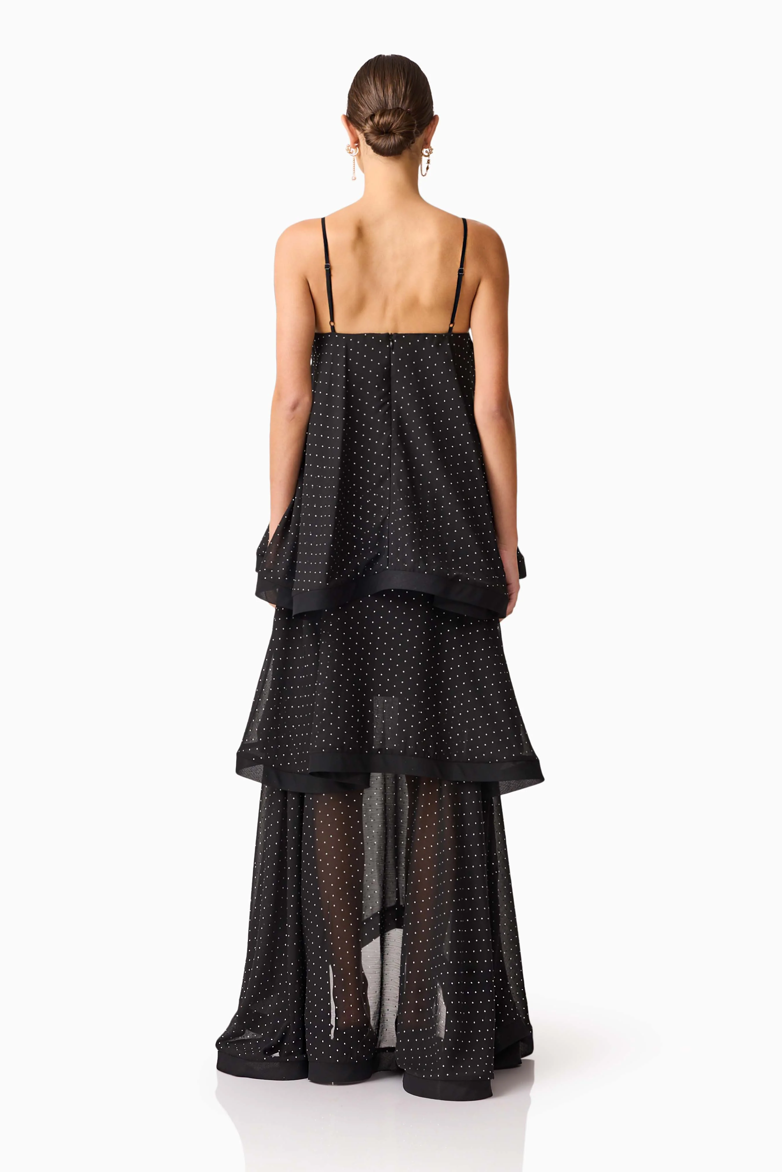 Moss Tiered Embellished Gown in Black