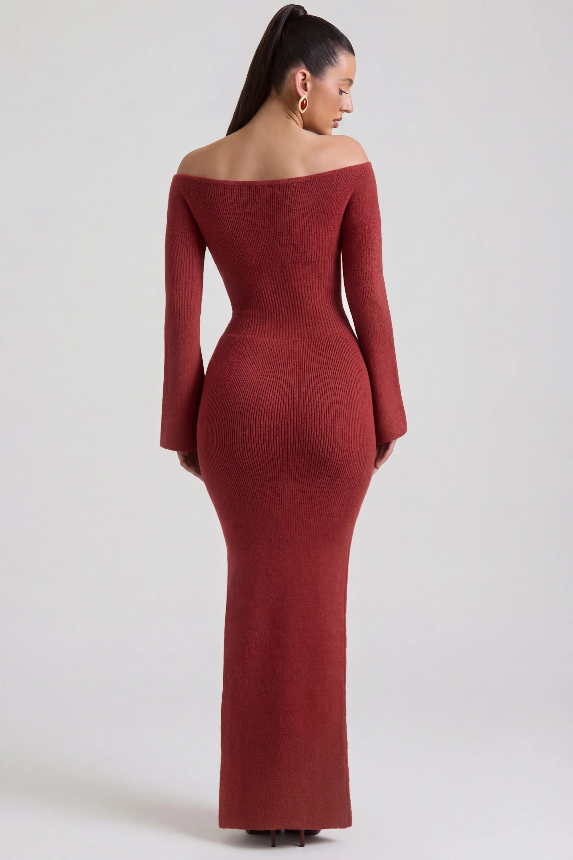 Ribbed-Knit Off-Shoulder Maxi Dress in Brick Red