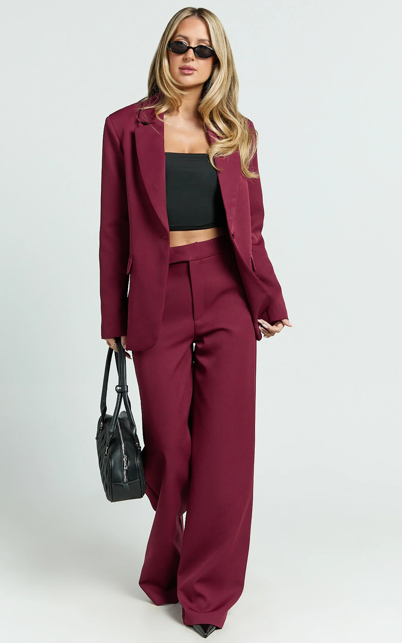Selena Pants - High Waisted Wide Leg Tailored Pants in Wine