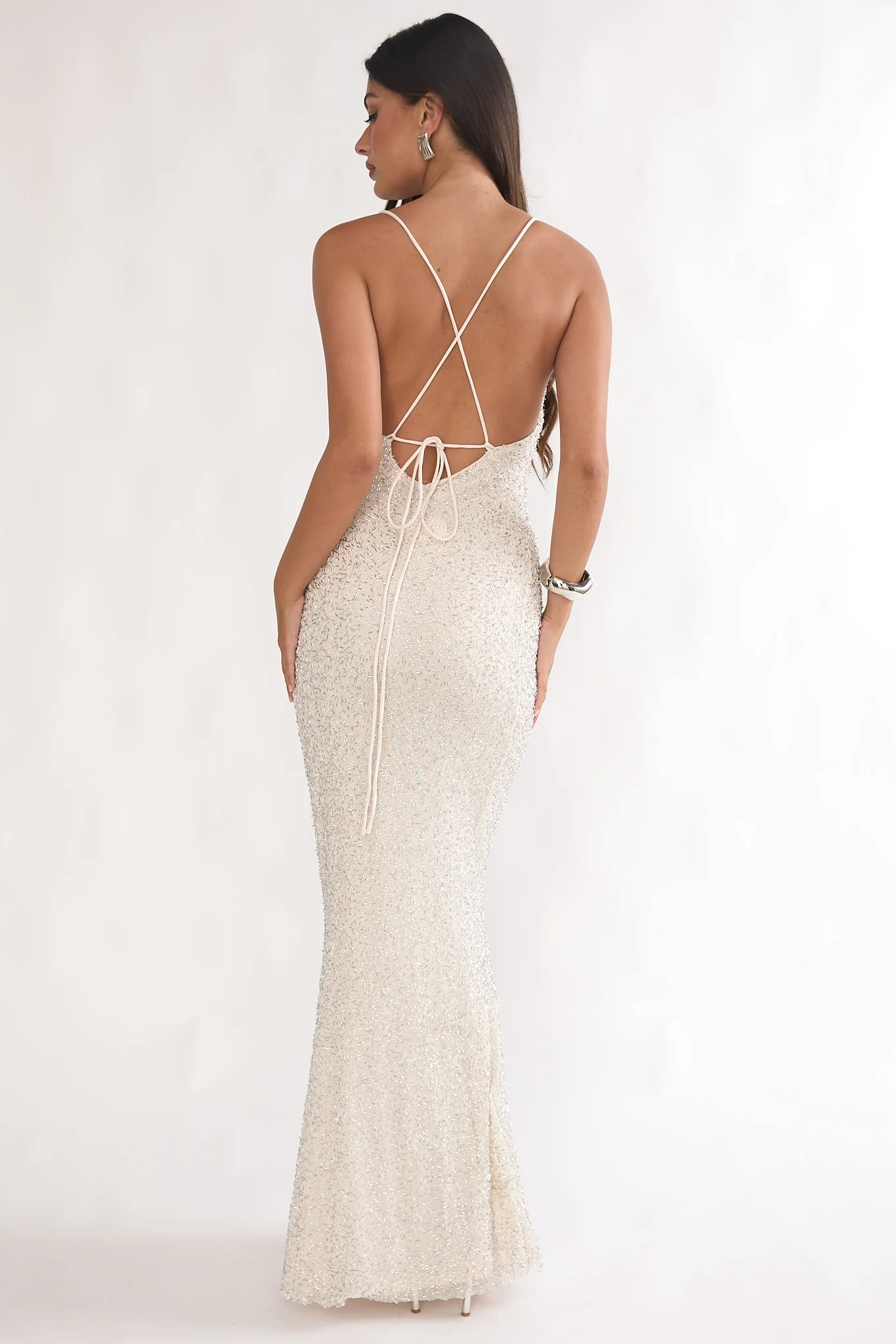 Emillia Strappy Open Back Maxi Dress Sequin Ivory - luluinthesky