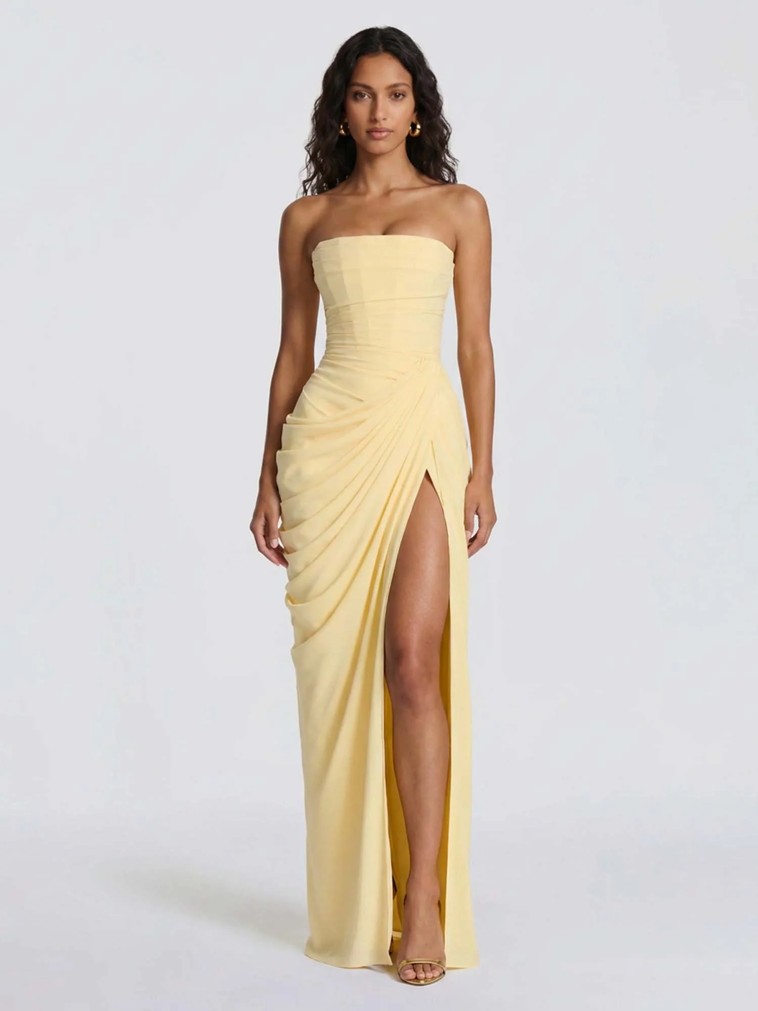 Yellow Ruched Strapless Maxi Dress