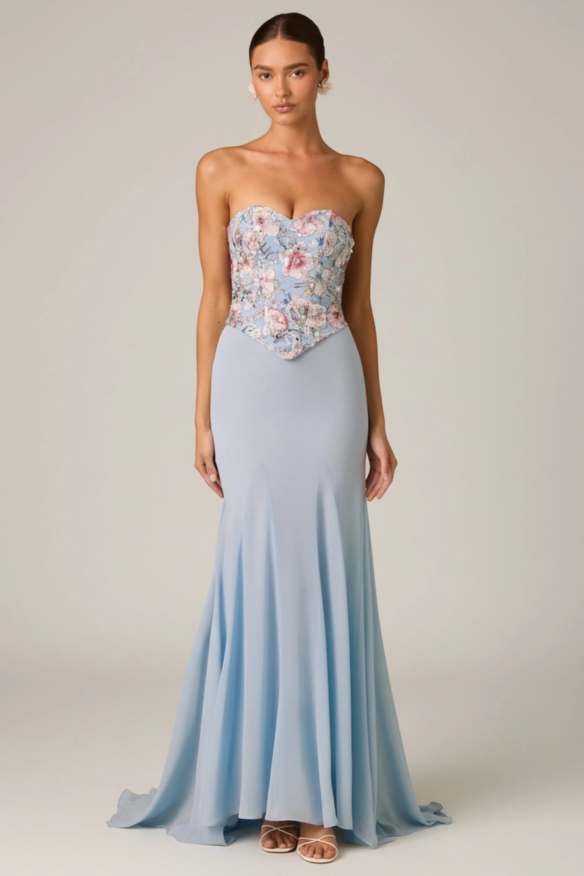 Embellished Corset Fishtail Gown in Floral Blue