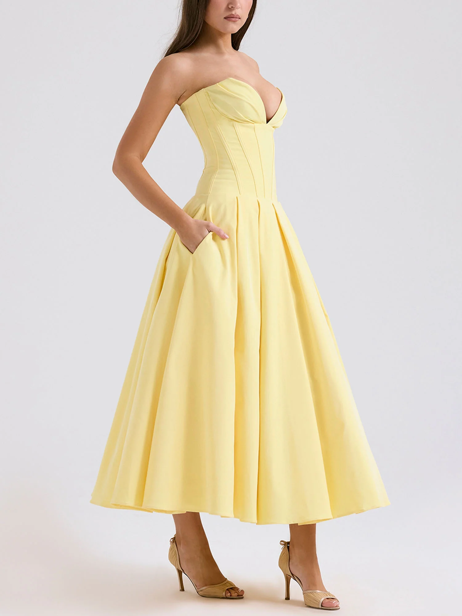 Yellow Strapless Fit-and-Flare Midi Dress