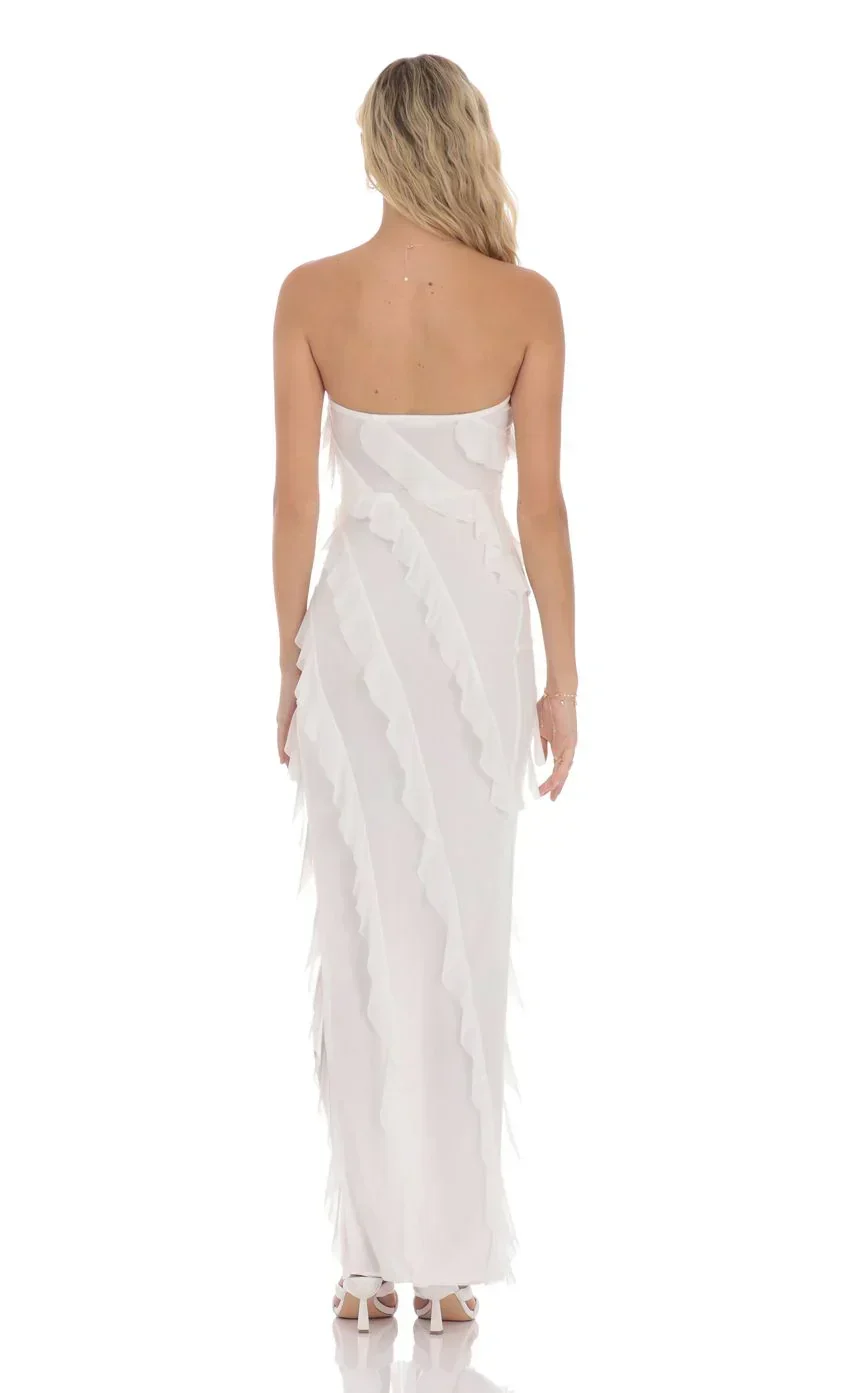 Mesh Ruffle Strapless Maxi Dress in White