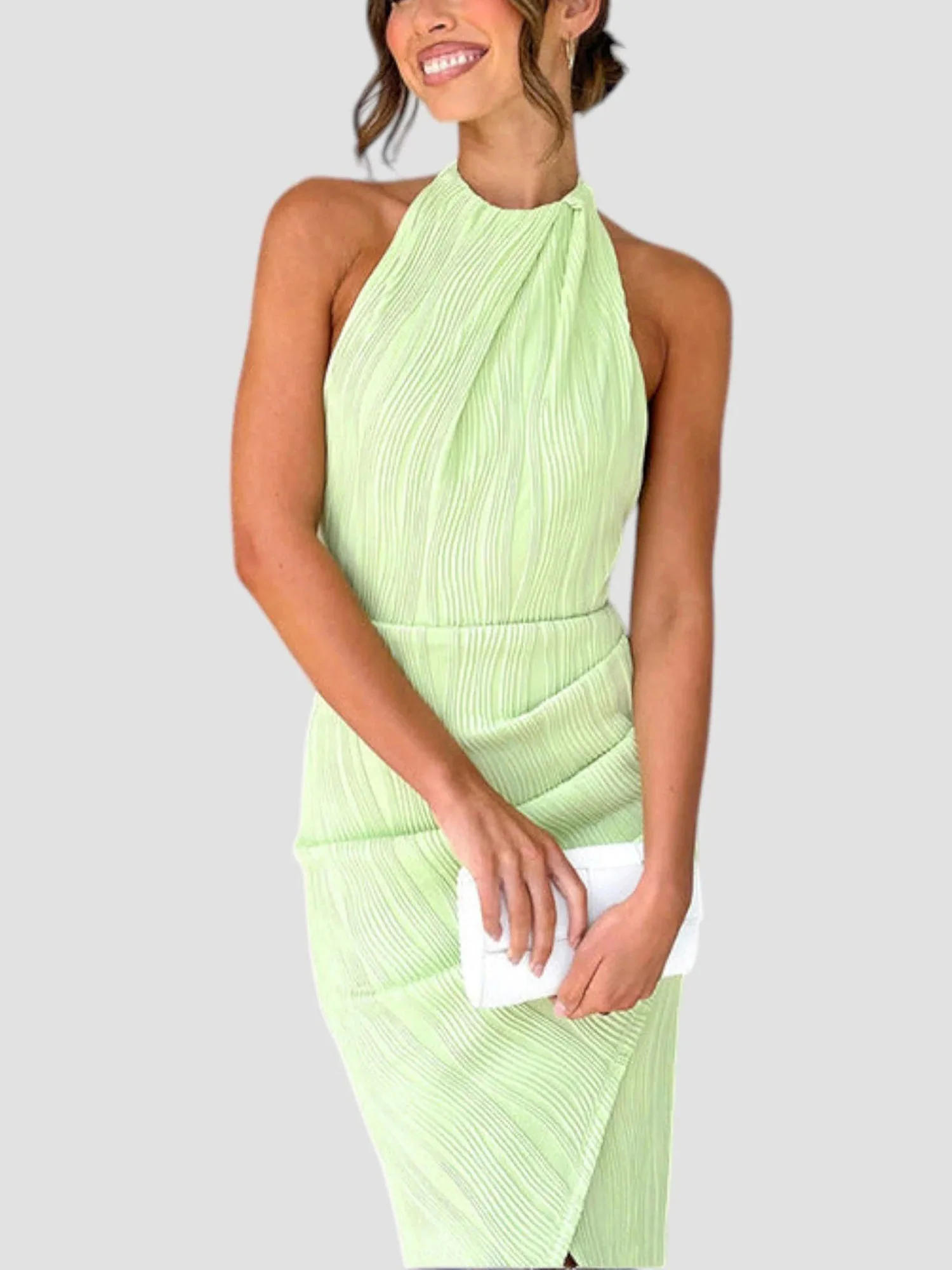 Pistachio Green Halter Pleated Midi Dress