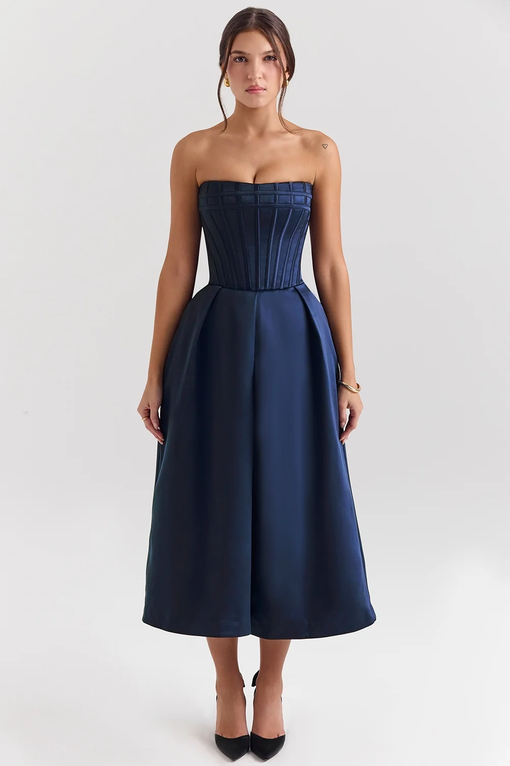 midnight blue strapless detachable bow midi dress