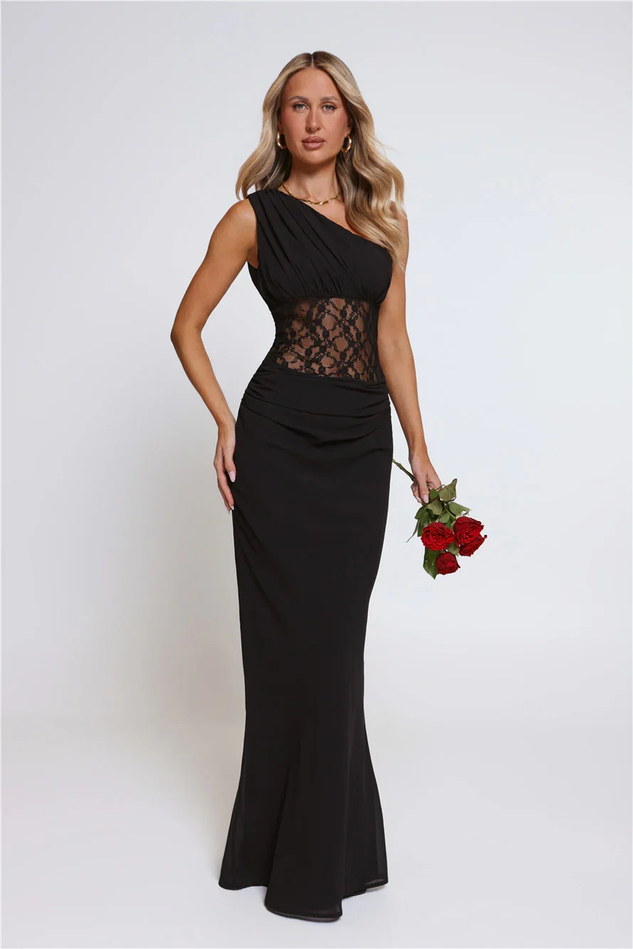 Lace Desire One Shoulder Maxi Dress Black