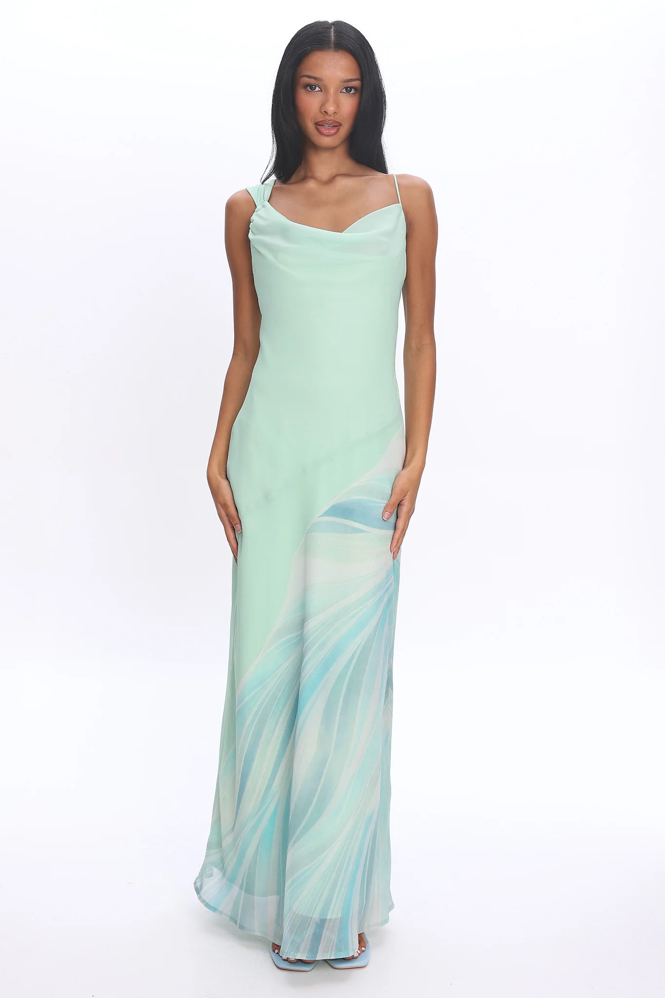 Astoria Asymmetric Cowl Neckline Maxi Dress Abstract Mint - luluinthesky