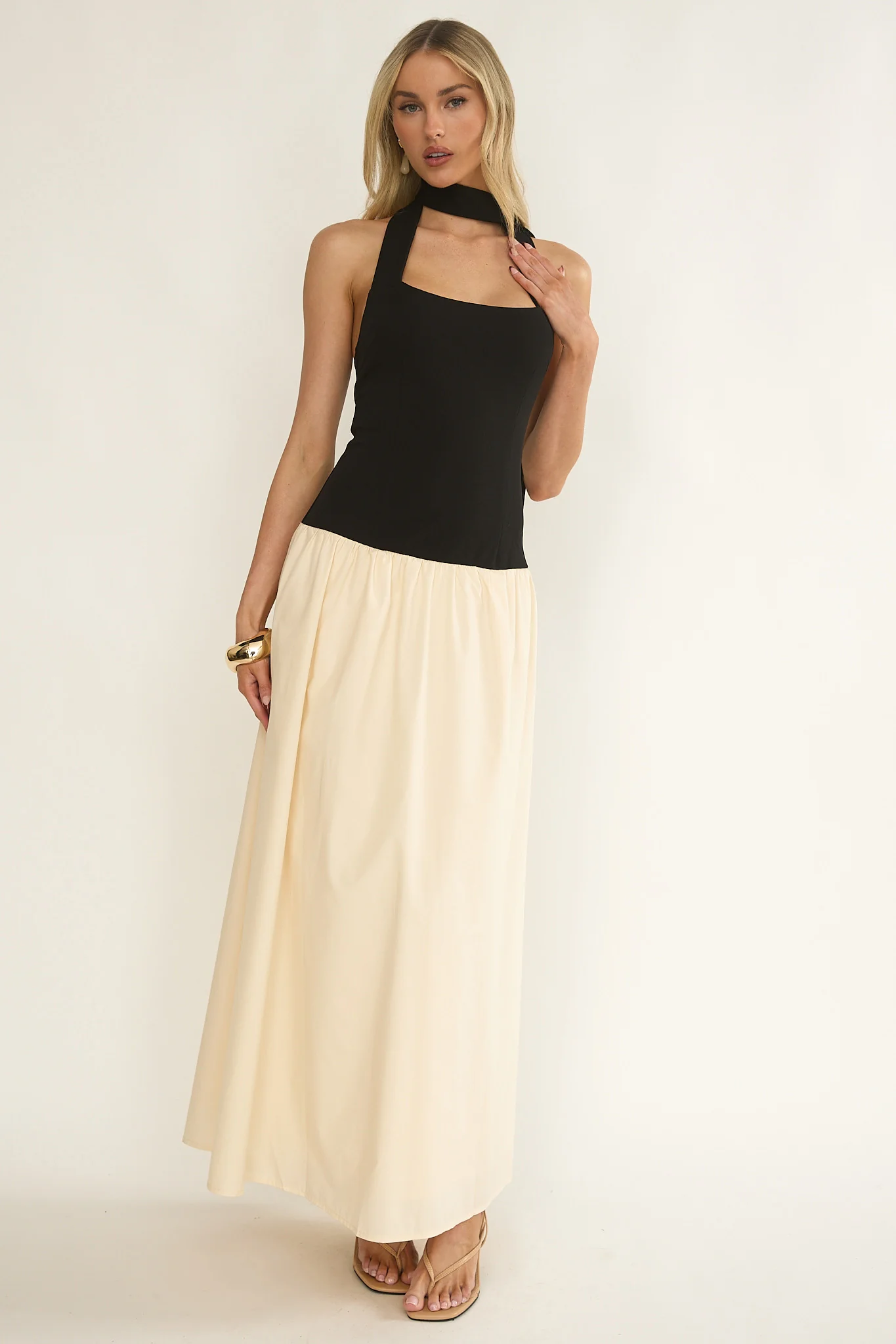 Elery Drop Waist Halter Maxi Dress Black/Cream - luluinthesky