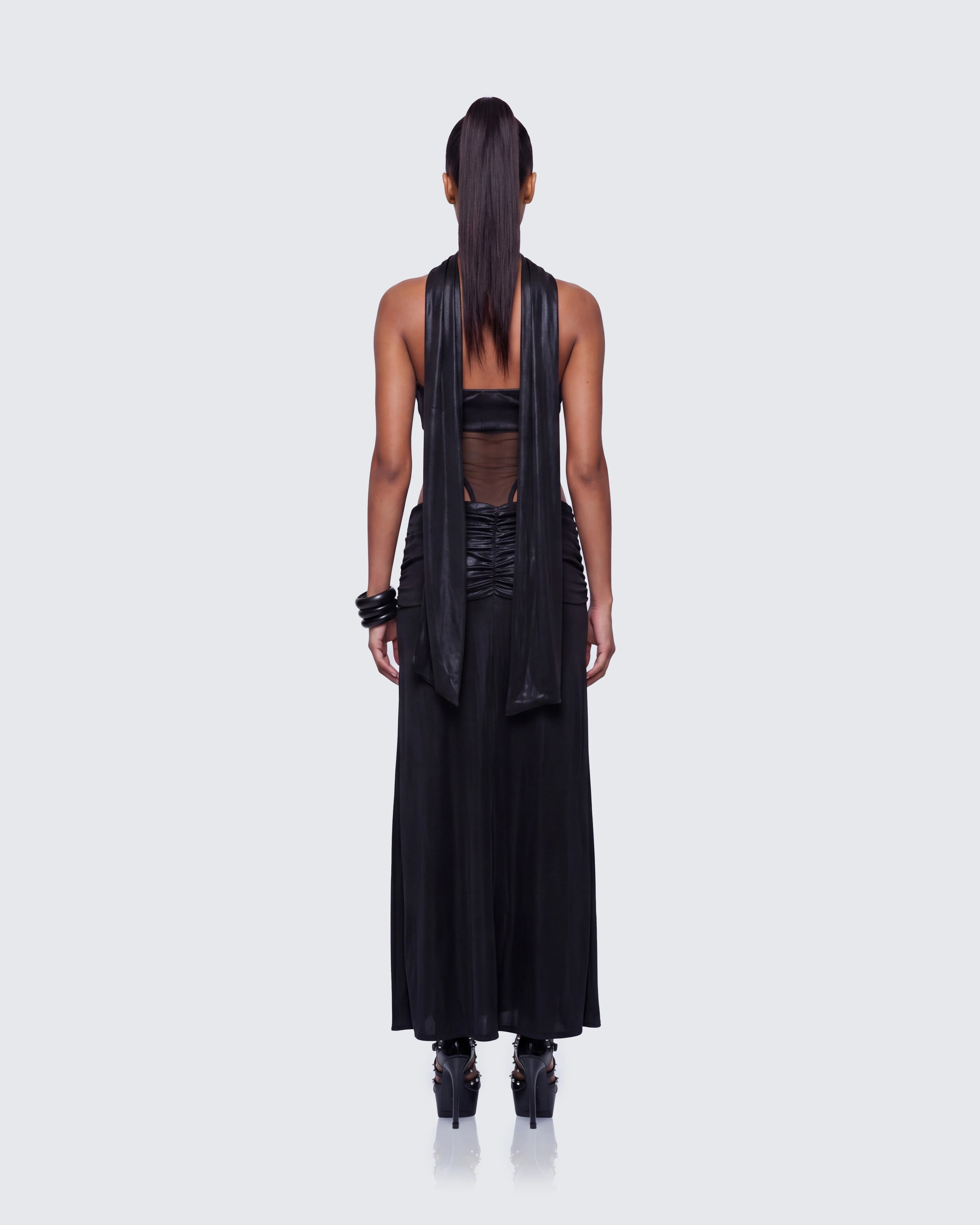 Vesper Black Metallic Scarf Detail Dress