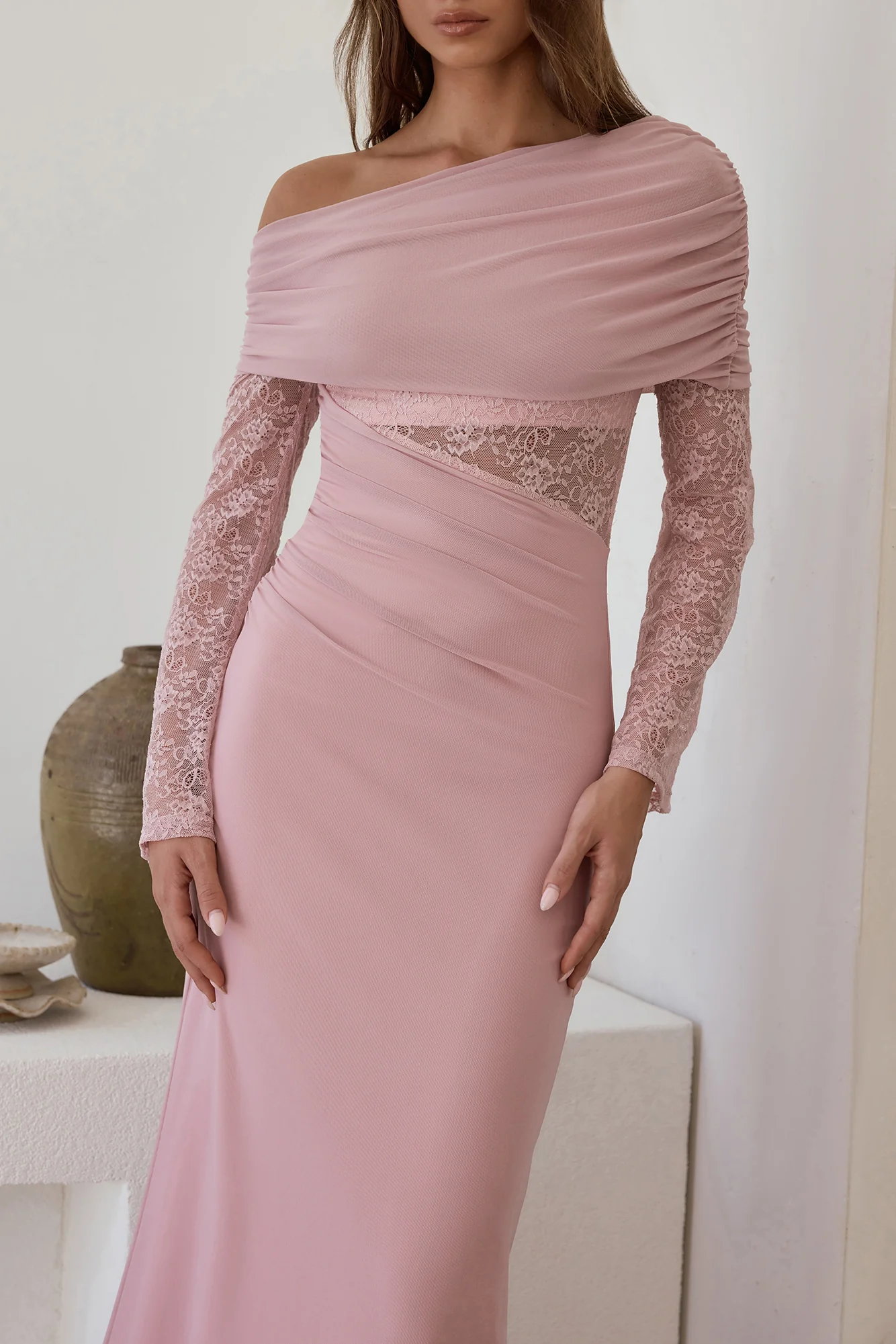 Camille Off Shoulder Mesh Maxi Dress Pink