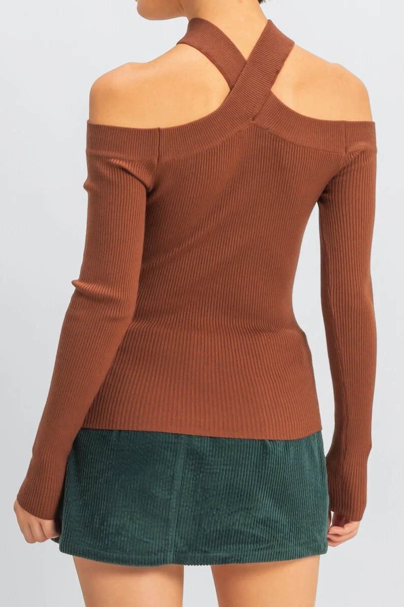 Ribbed Off-The-Shoulder Halter Sweater-Knit Top