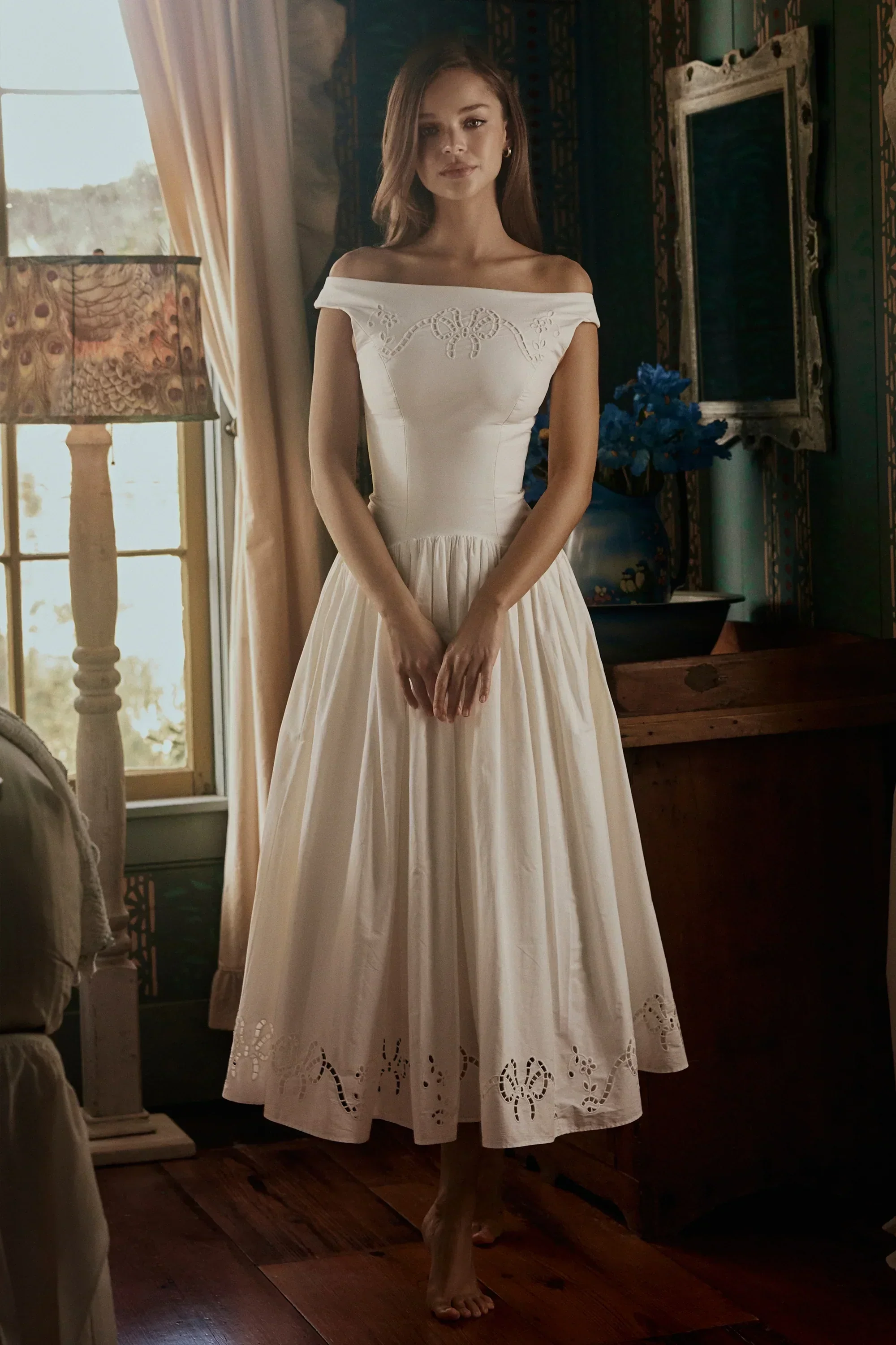 white cotton broderie anglaise boat neck maxi dress