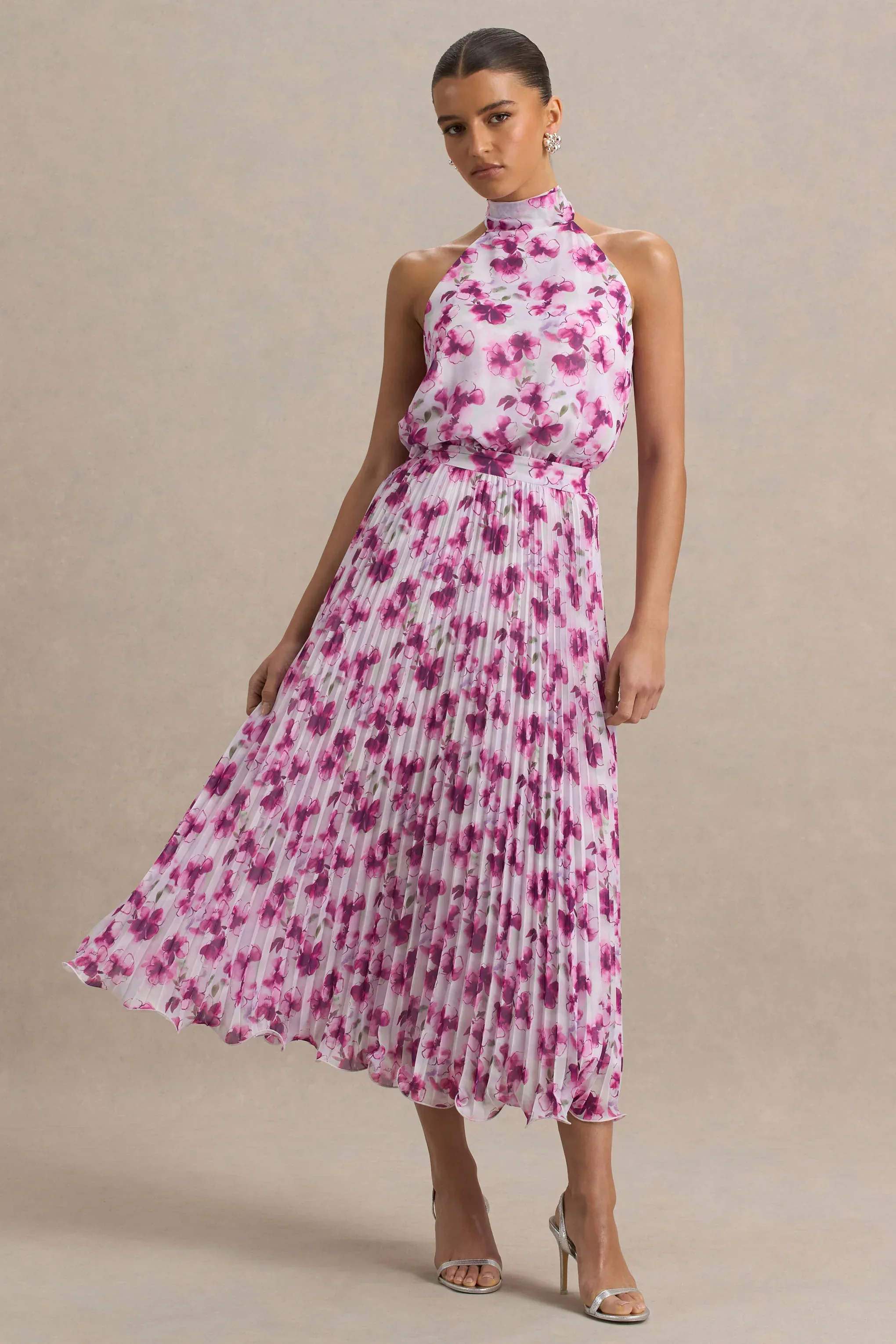 Refractive | Purple Floral Print Satin Maxi Dress With Halter-Neck and Pleated Skirt
