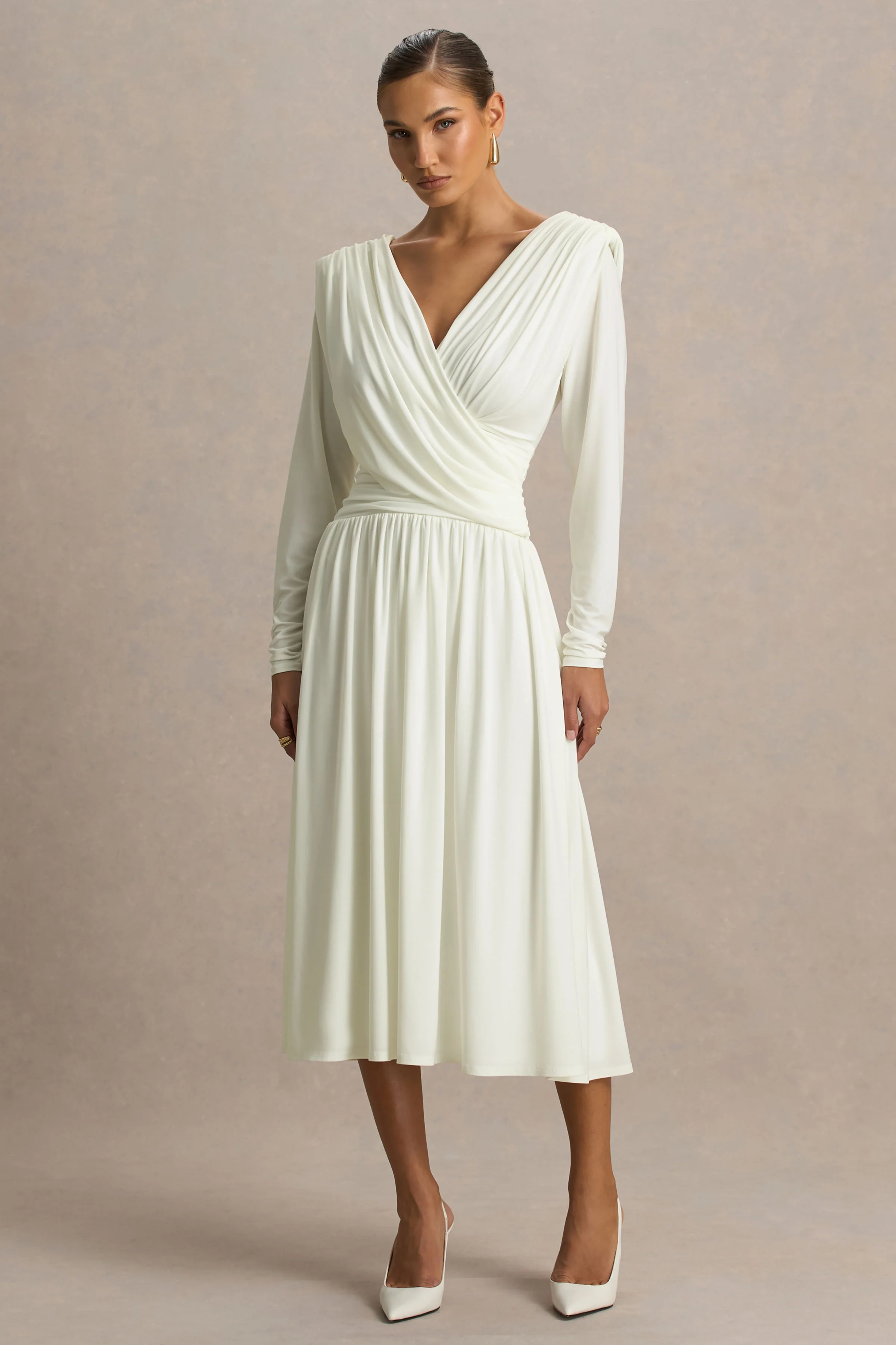 Alexis | Cream Plunge-Neck Midi Dress With Draped And Ruched Detailing